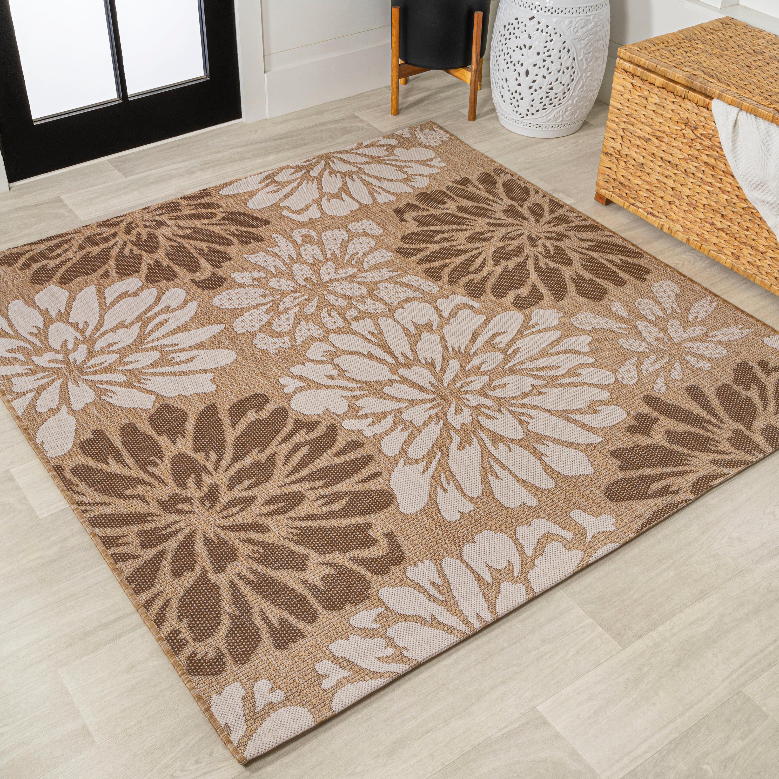 5' x 5' Zinnia Modern Floral Textured Weave Indoor/Outdoor Area Rug, Brown/Cream - JONATHAN Y