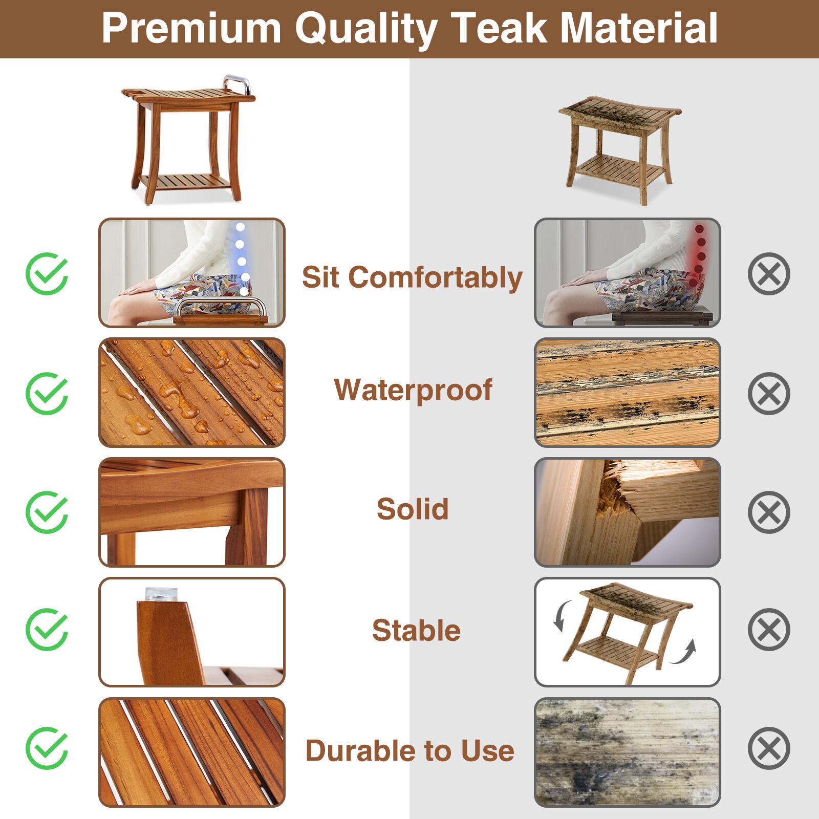 Utopia Alley 20'' Teak Shower Bench with Handle, Large Teak Shower Stool for Bathroom, Waterproof Bathroom Bench - Teak Shower Stool