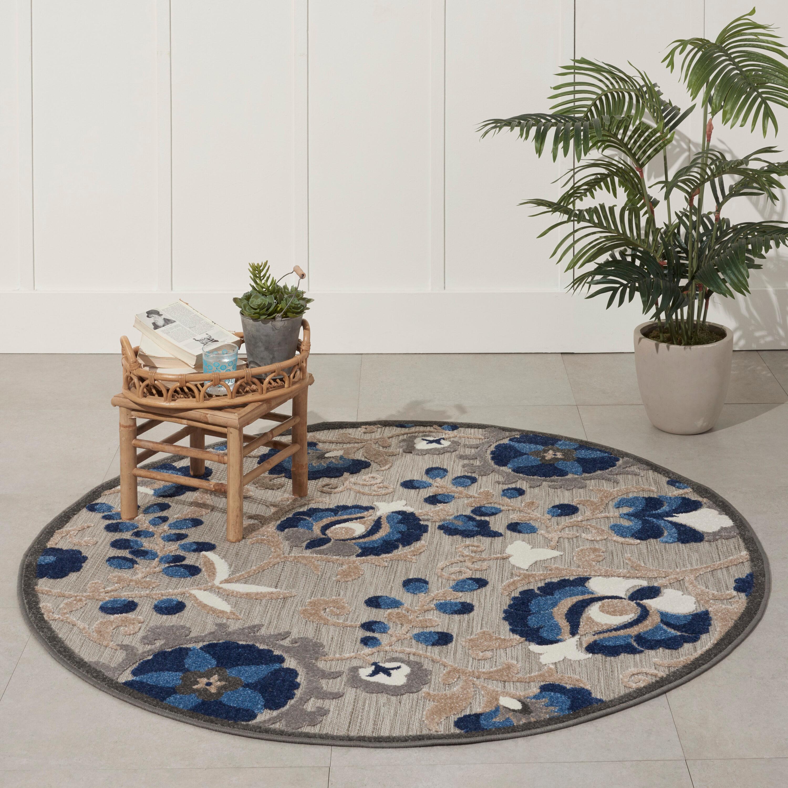 Nourison Aloha Floral Textured Flatweave High-Low Indoor Outdoor Round Rug Natural/Blue 5'3" x 5'3"