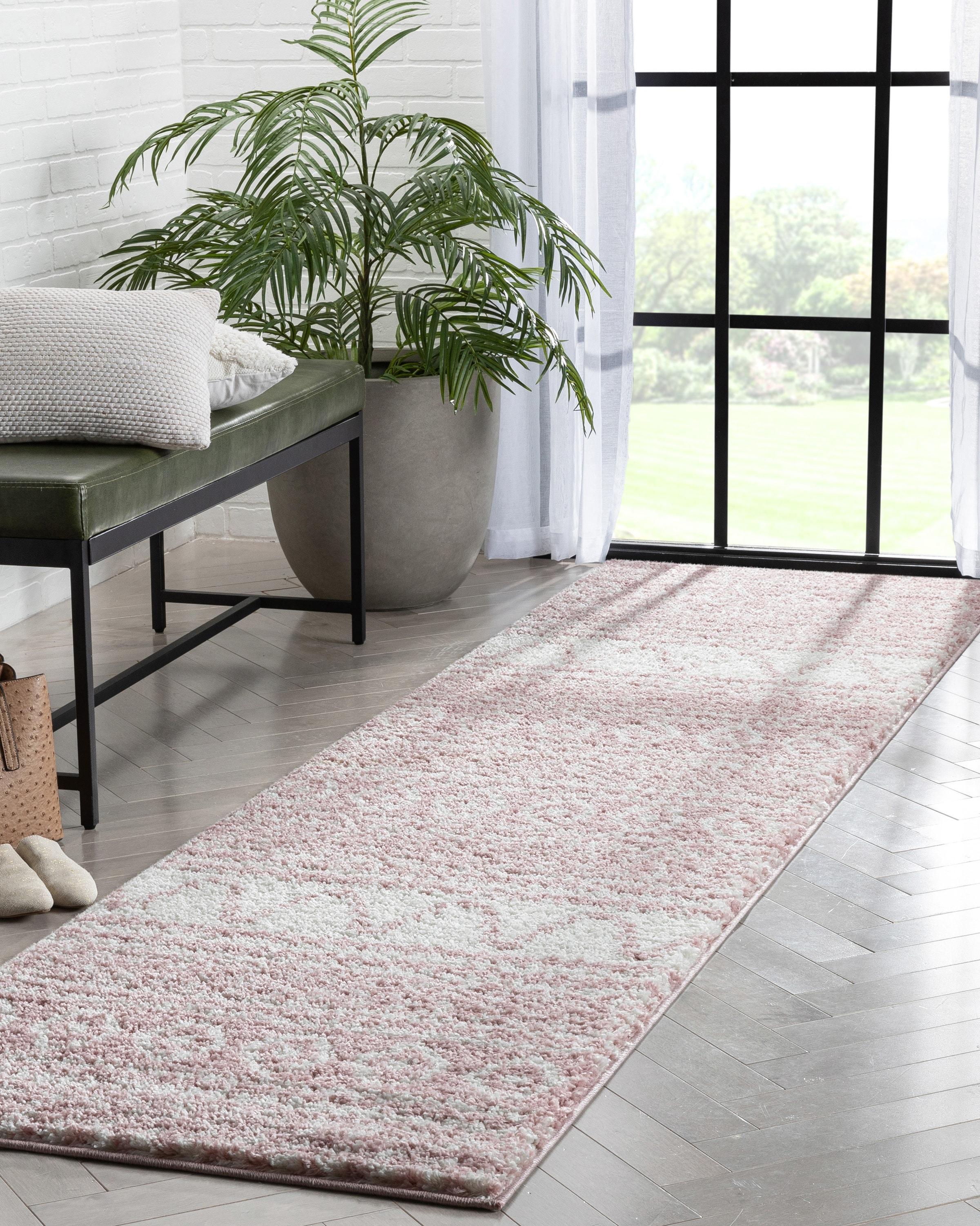 Well Woven Diamond Stripes Shag Blush Cozy 1" Thick 2'7" x 9'10" Runner Pink Area Rug