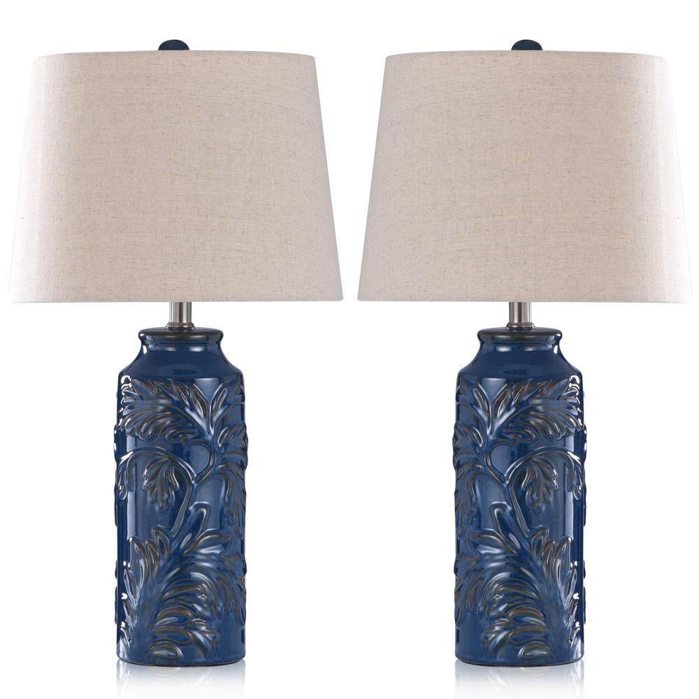 Set of 2 Cloverfield Ceramic Table Lamps Navy Blue - StyleCraft: Botanical Pattern, White Linen Shade
