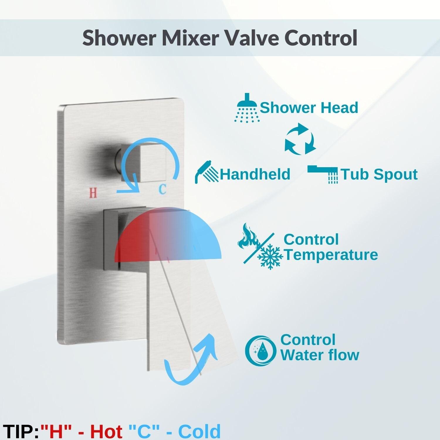 Fithood Rain Shower System Brushed Nickel Tub Shower Faucet Set 10 Inch Square Rainfall Shower Head with Handheld Sprayer and Waterfall Tub Spout Pressure Balance Rough-in Valve Shower Mixer Combo