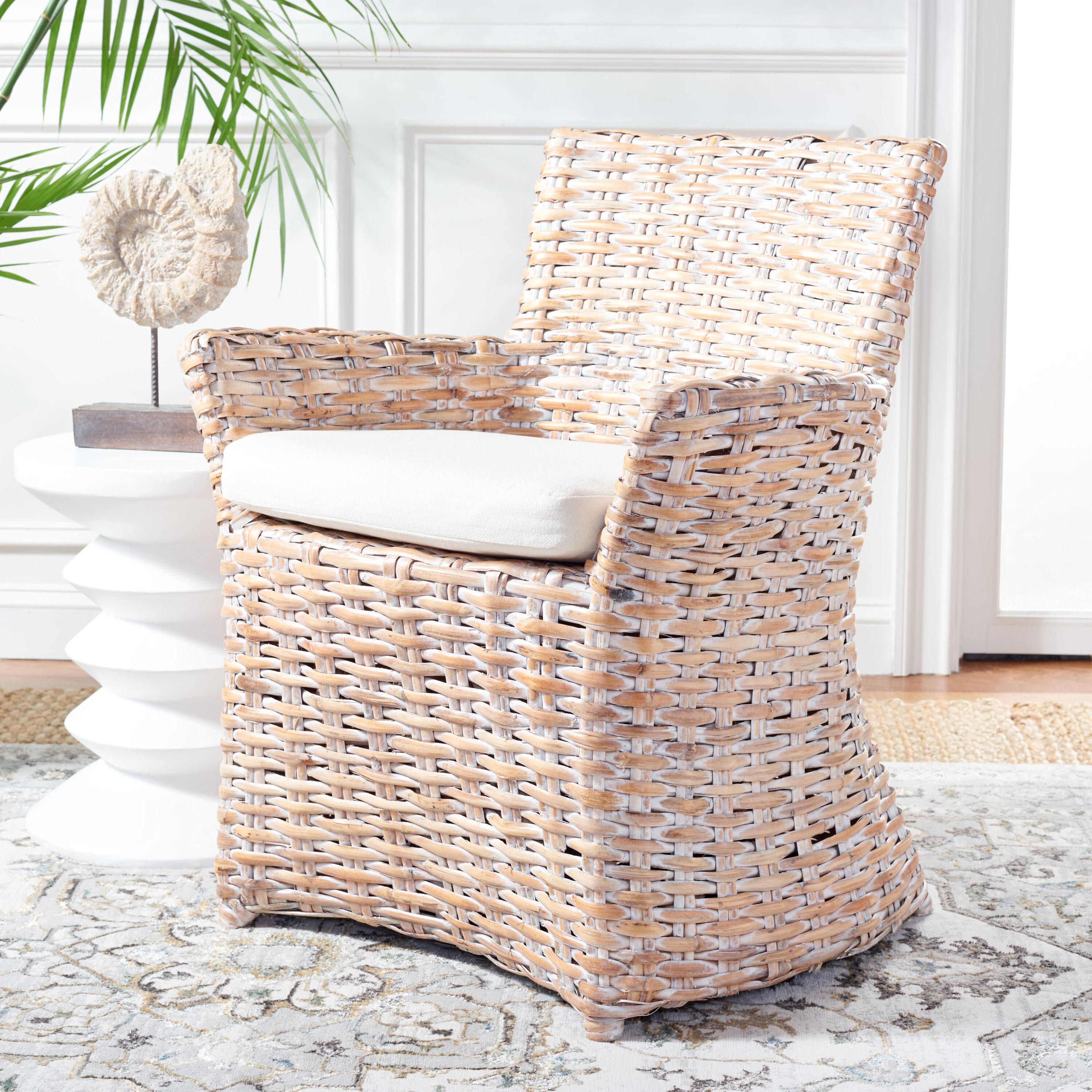 Modern Coastal Whitewash Rattan Armchair with White Cushion