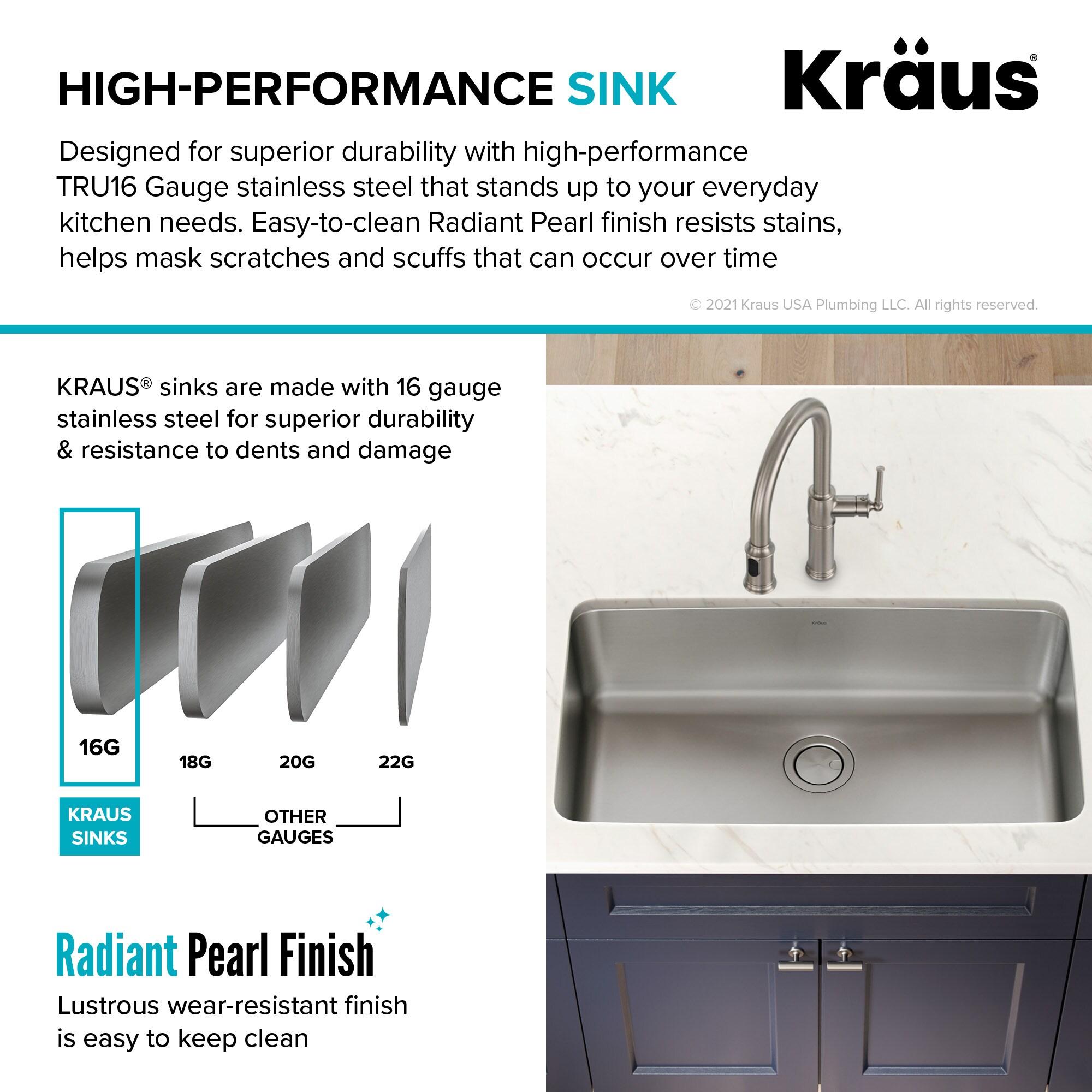 Dex™️ Series KRAUS 33" L Undermount 16 Gauge Stainless Steel Single Bowl Kitchen Sink