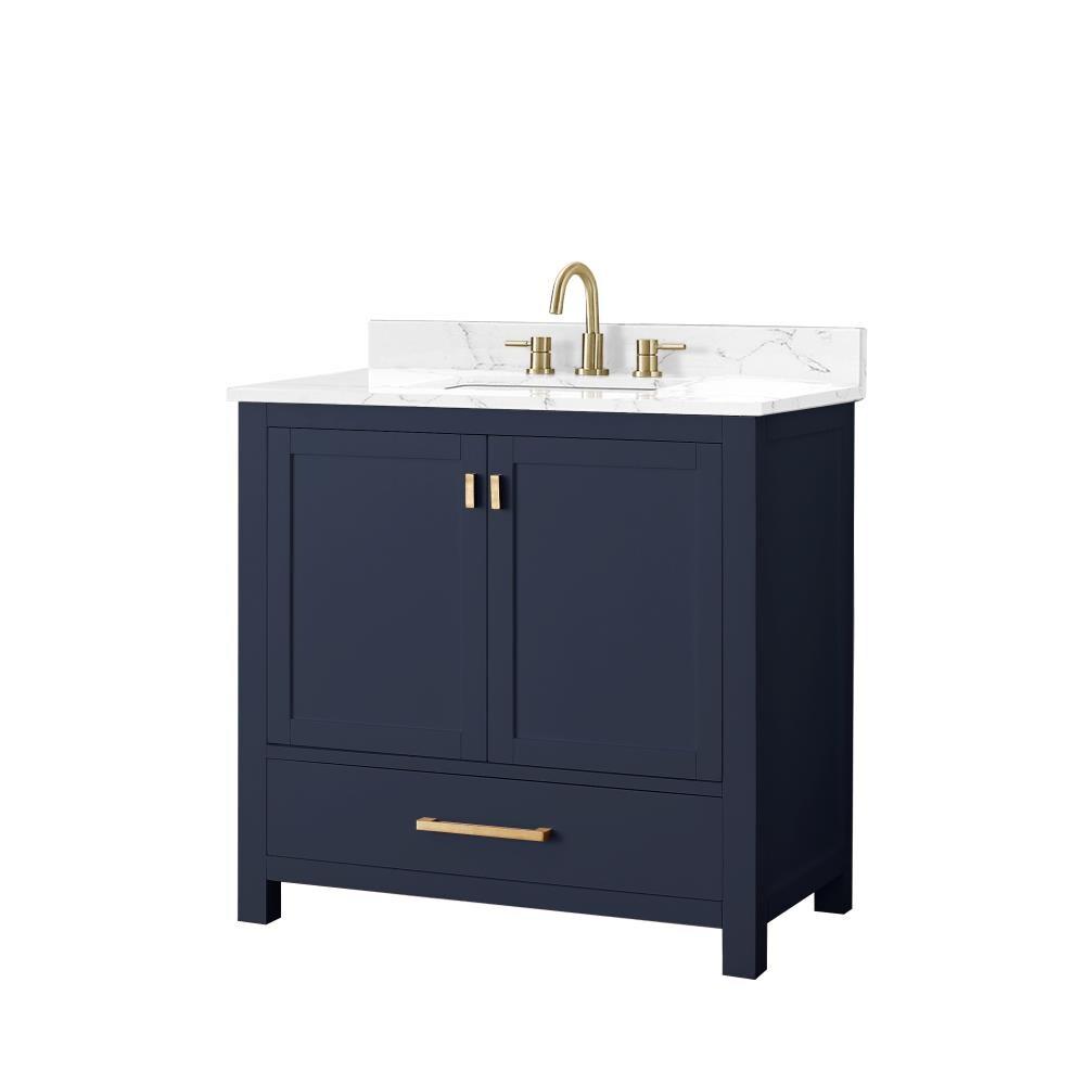 Navy Blue Solid Wood Single Sink Vanity with Stone Top