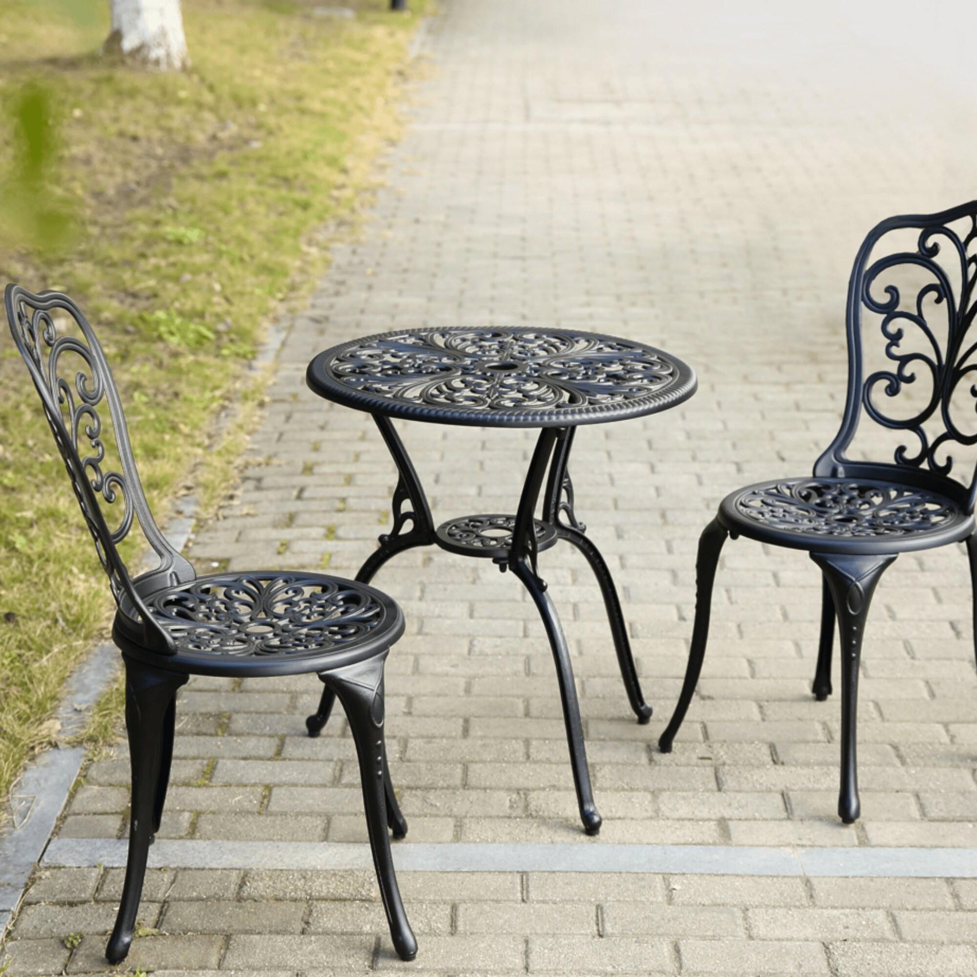 Black Cast Aluminum 3-Piece Outdoor Bistro Set with Round Table