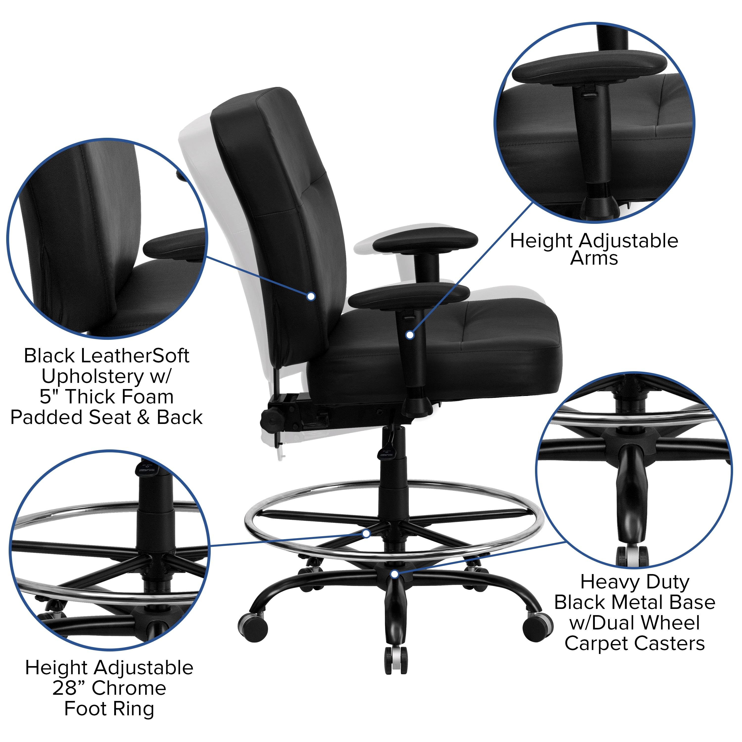 BizChair Big & Tall 400 lb. Rated Black LeatherSoft Ergonomic Drafting Chair with Adjustable Arms