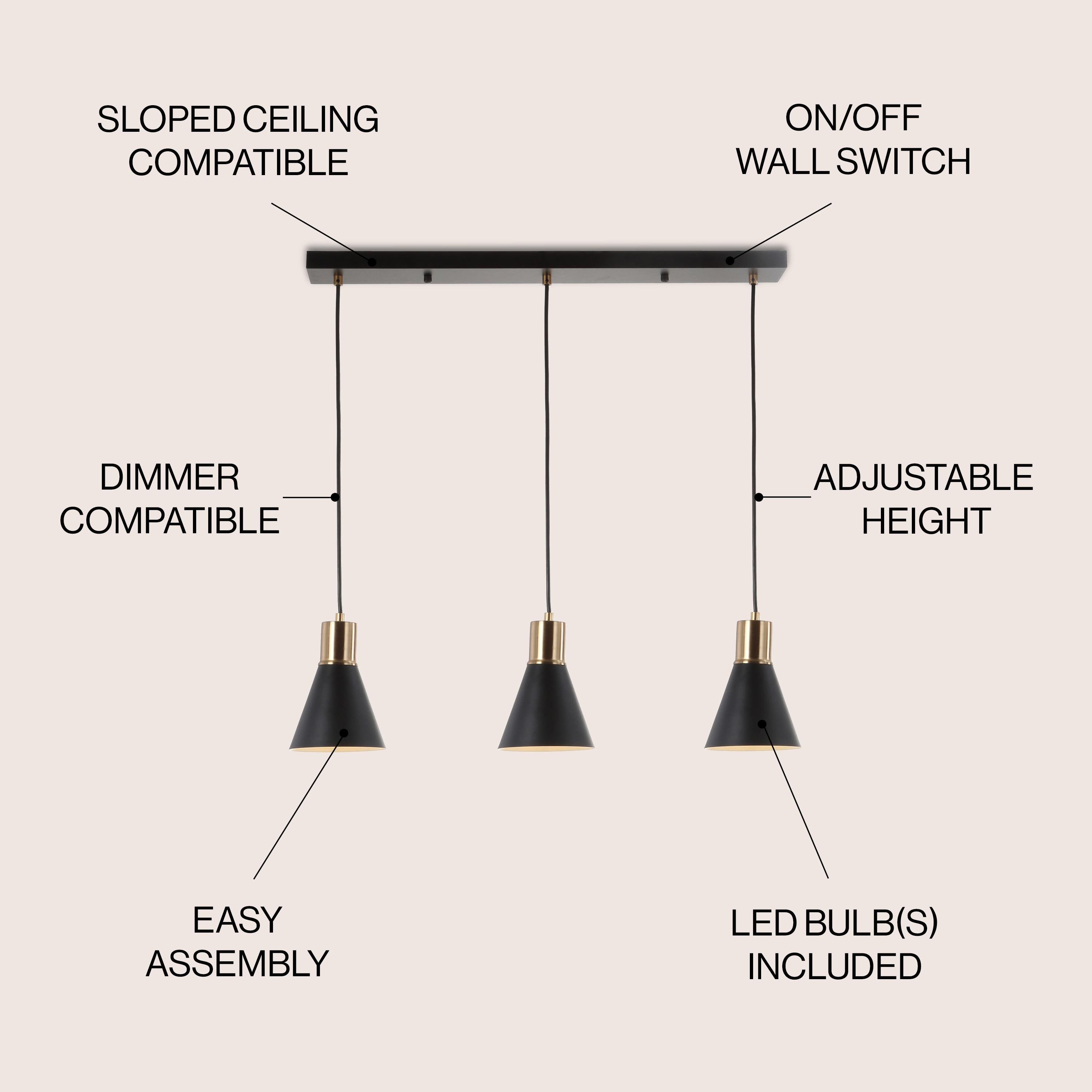 Apollo 33.5" 3-Light Mid-Century Modern Iron Adjustable Linear LED Pendant, Black/Brass Gold