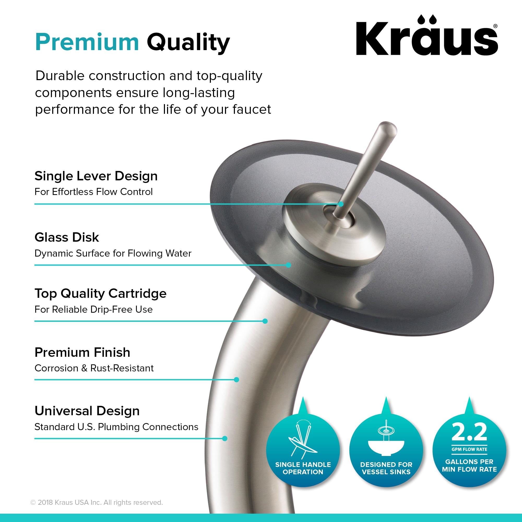 KRAUS Tall Waterfall Bathroom Faucet for Vessel Sink with Frosted Black Glass Disk, Satin Nickel Finish