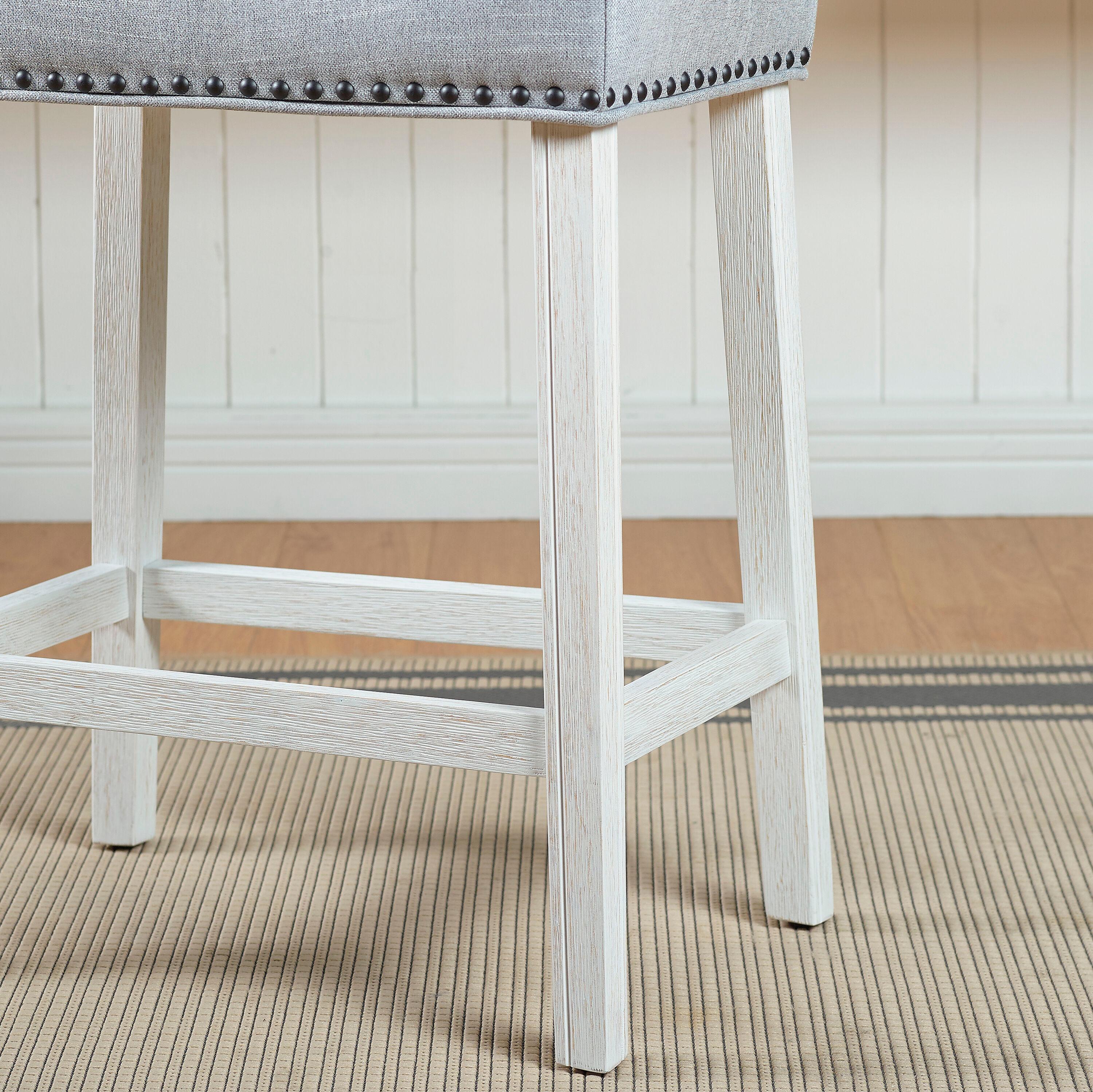 Roundhill Furniture CoCo Upholstered Counter Height Stools - Saddle Seat, White-Washed Finish, Gray Fabric, Set of 2