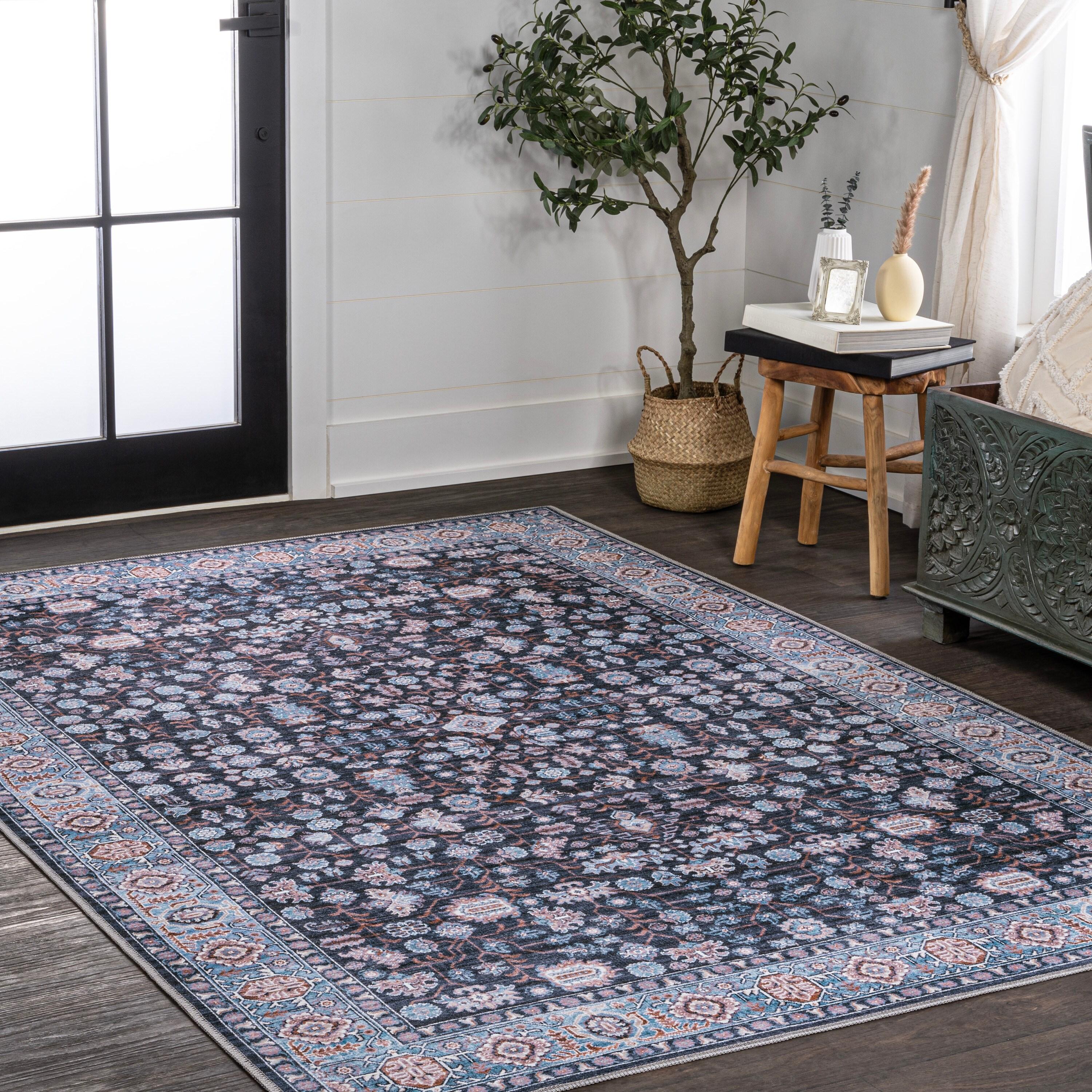 Kemer All-Over Persian Machine-Washable Black/Blue 3 ft. x 5 ft. Area Rug - JONATHAN Y
