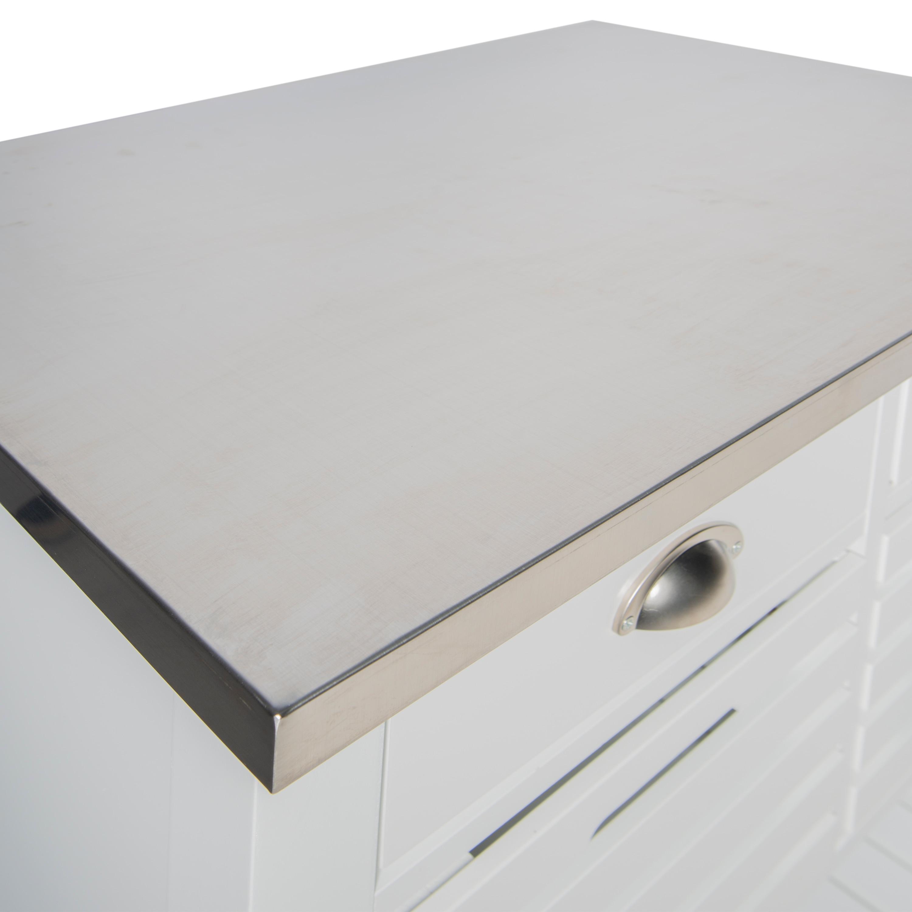 Robbin White Wood Kitchen Cart: Stainless Steel Top, Storage on Wheels - Linon