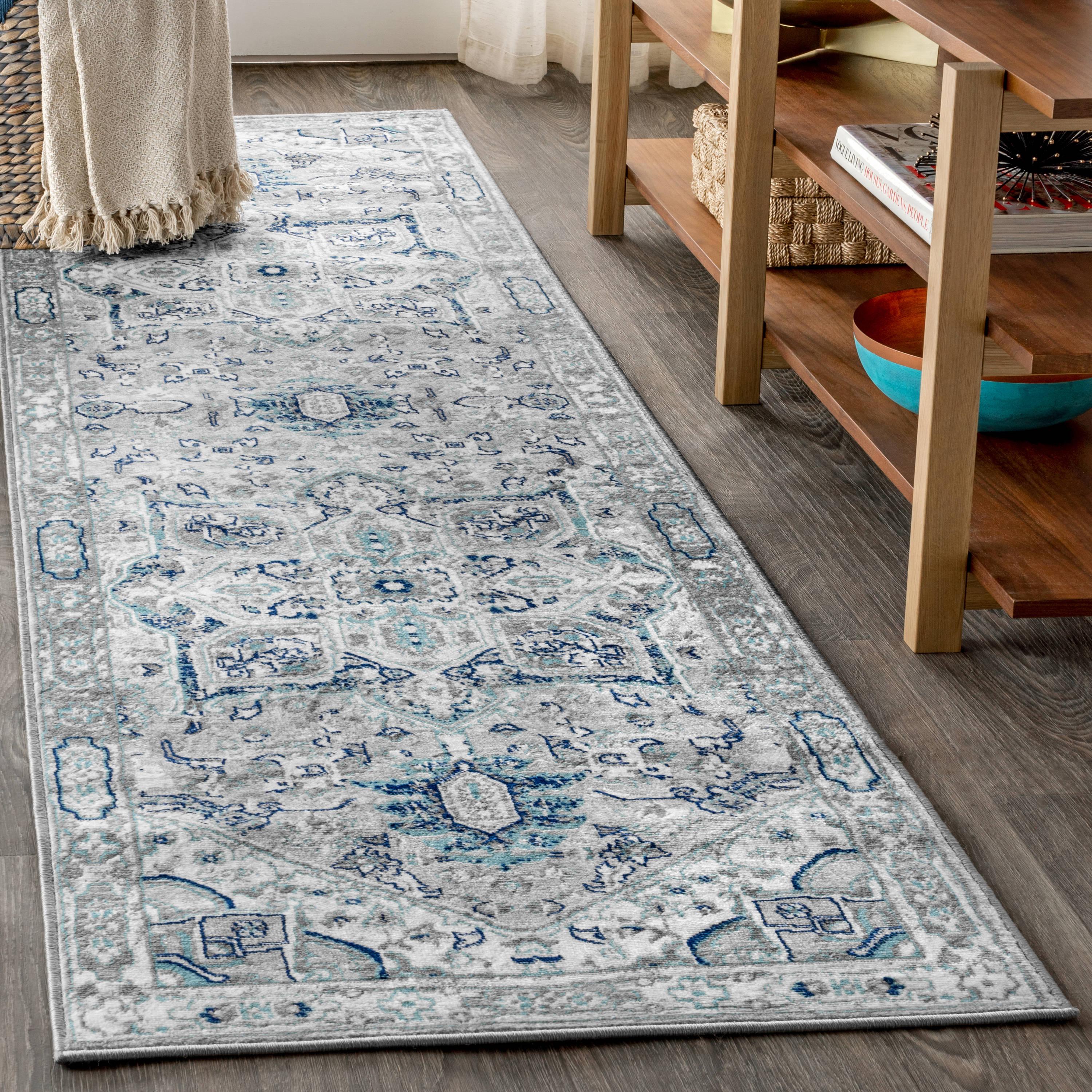 2'x8' Modern Persian Vintage Medallion Runner Rug, Light Grey/Blue - JONATHAN Y