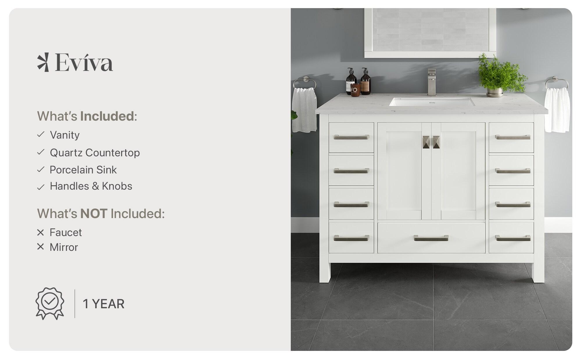Eviva London 42"W x 18"D White Bathroom Vanity with White Carrara Quartz Countertop and Undermount Porcelain Sink