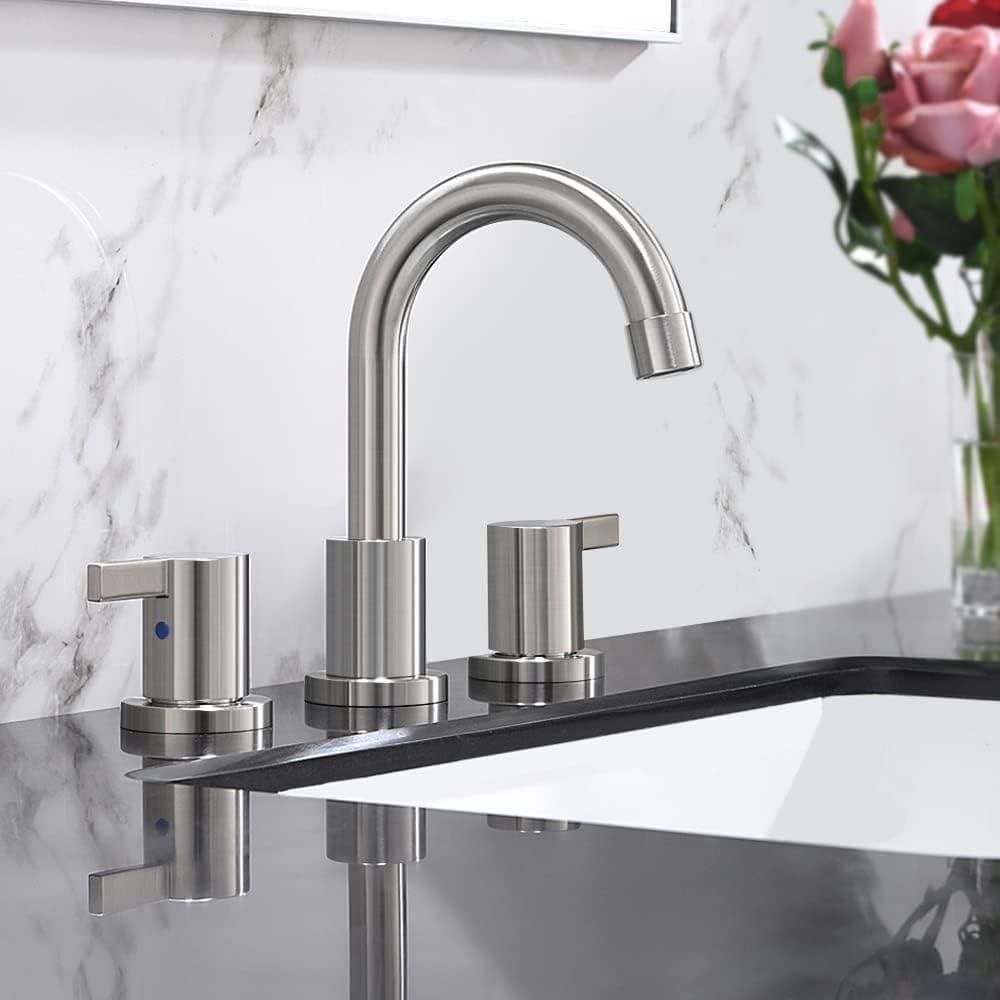 Phiestina 8 Inch Brushed Nickel Bathroom Faucet，3 Holes 2 Handles Widespread Stainless Steel Bathroom Sink Faucet with Metal Pop-Up Drain and Water Supply Lines,WFZY01-BN