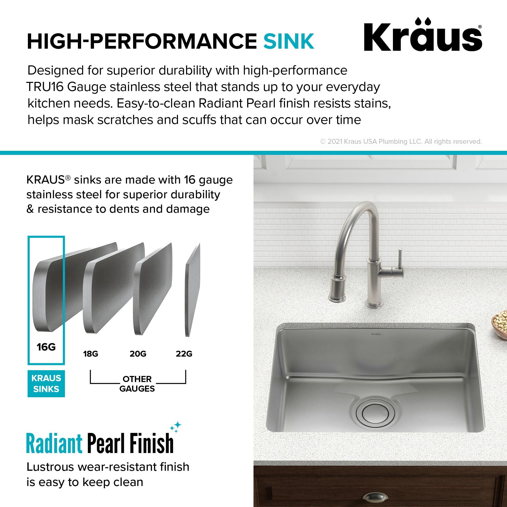 Dex™️ Series KRAUS 25-inch L Undermount Single Bowl TRU16 Gauge Stainless Steel Kitchen Sink with DrainAssure WaterWay