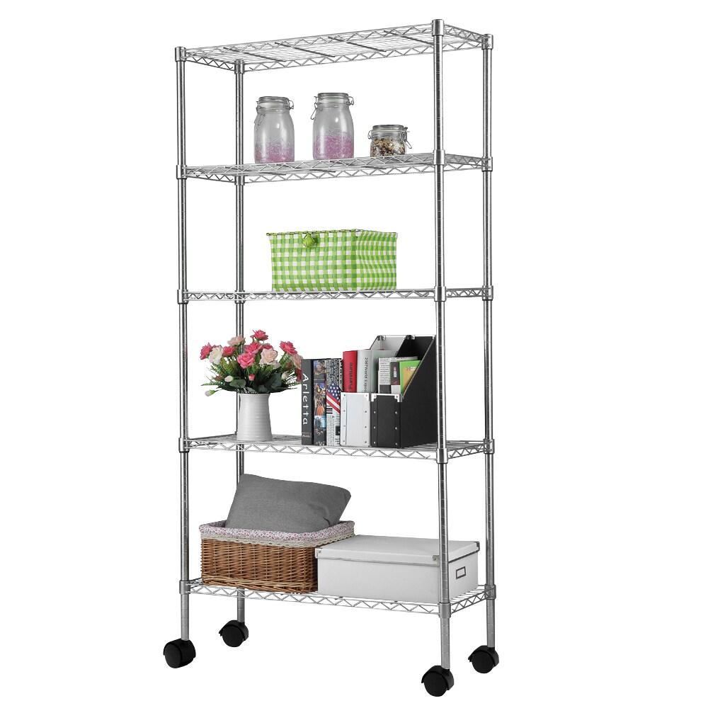 Ktaxon Commercial 5 Tier Storage Rack, Adjustable Rolling Metal Garage Shelving Chrome, 35''L x 14''W x 65''H, Capacity for 1000lbs