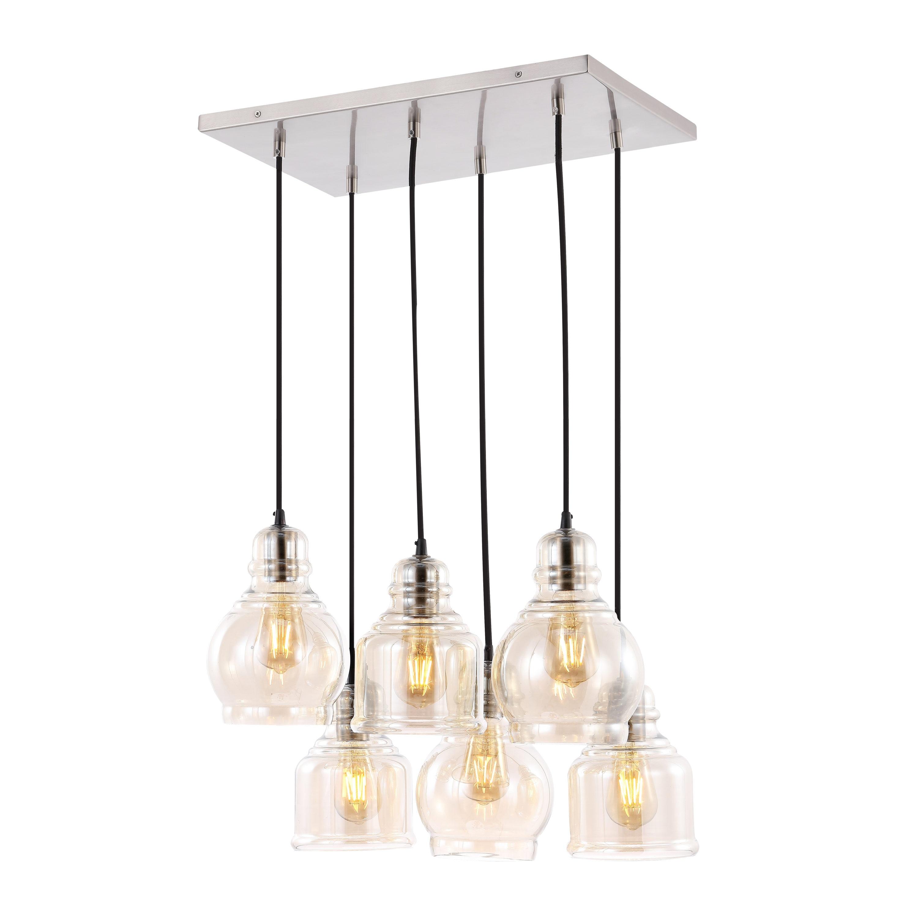 Sydney 18.88" 6-Light Bohemian Farmhouse Iron/Glass Cluster LED Pendant, Nickel/Champagne