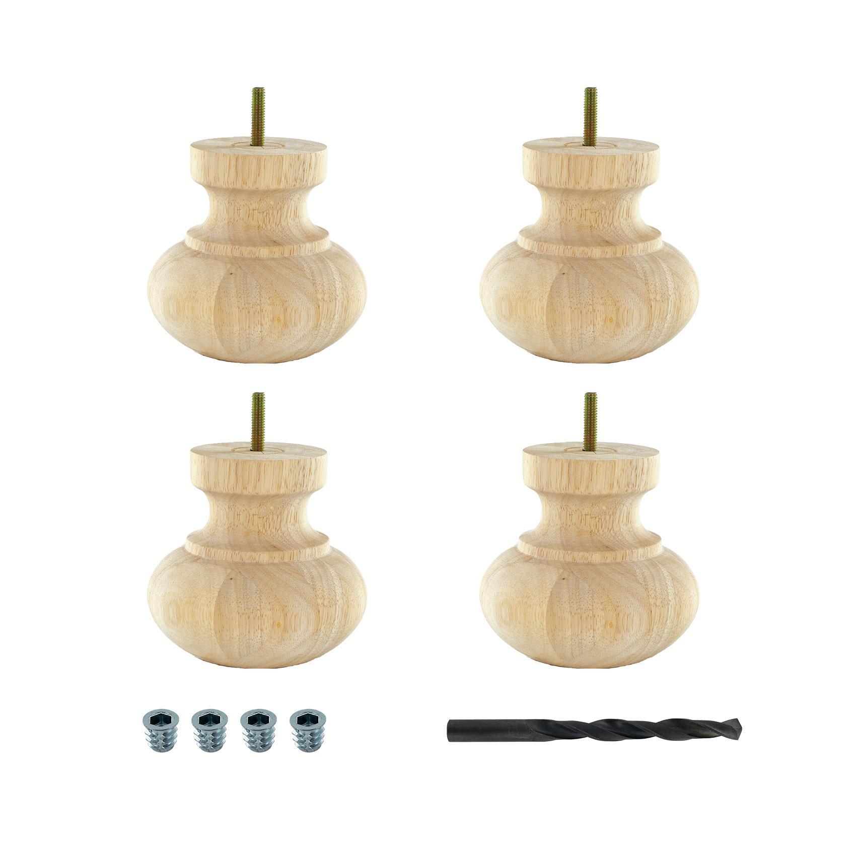 Architectural Products by Outwater BUN26-UN 4 in. x 4-7/8 in. Unfinished Solid Hardwood Round Bun Foot 4 Pack with 4 Free Insert Nuts and Drill Bit