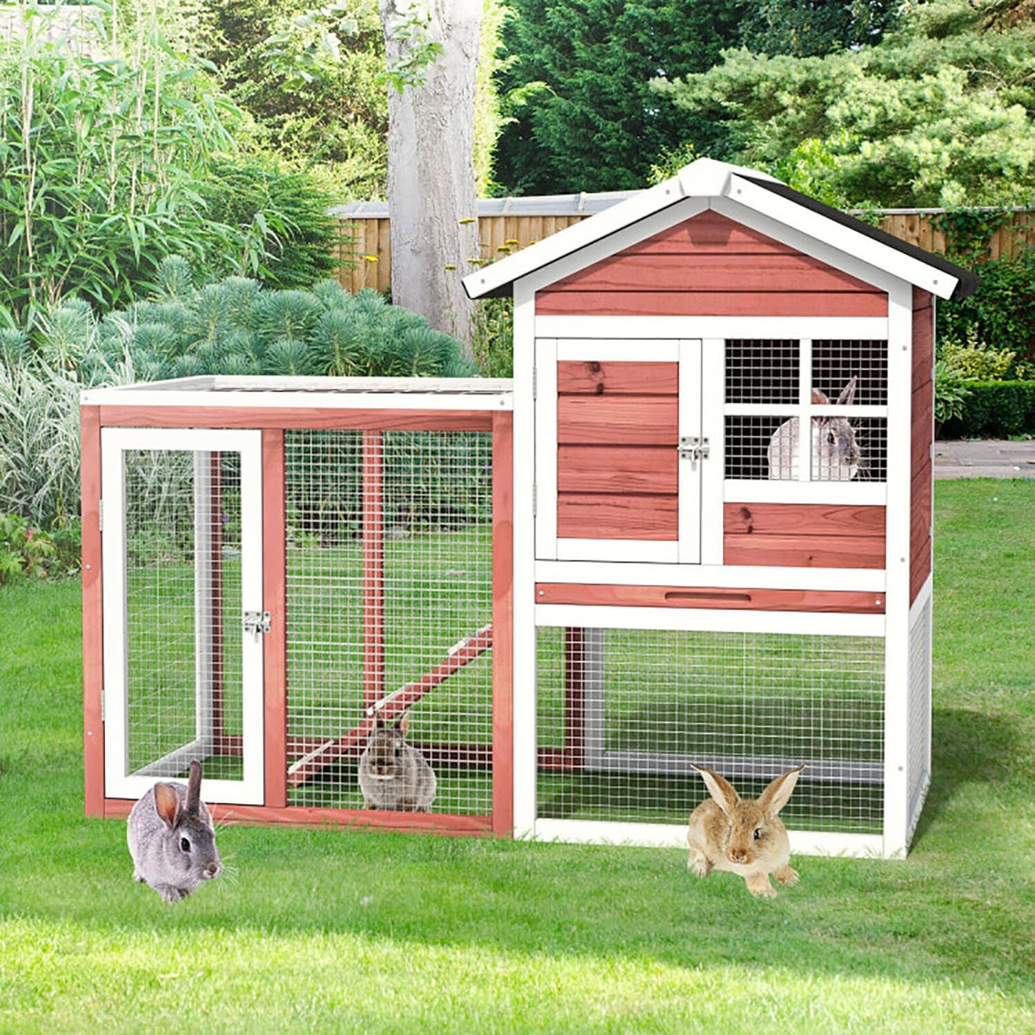 Infans Wooden Chicken Coop 2-Story Rabbit Hutch Indoor Outdoor Use