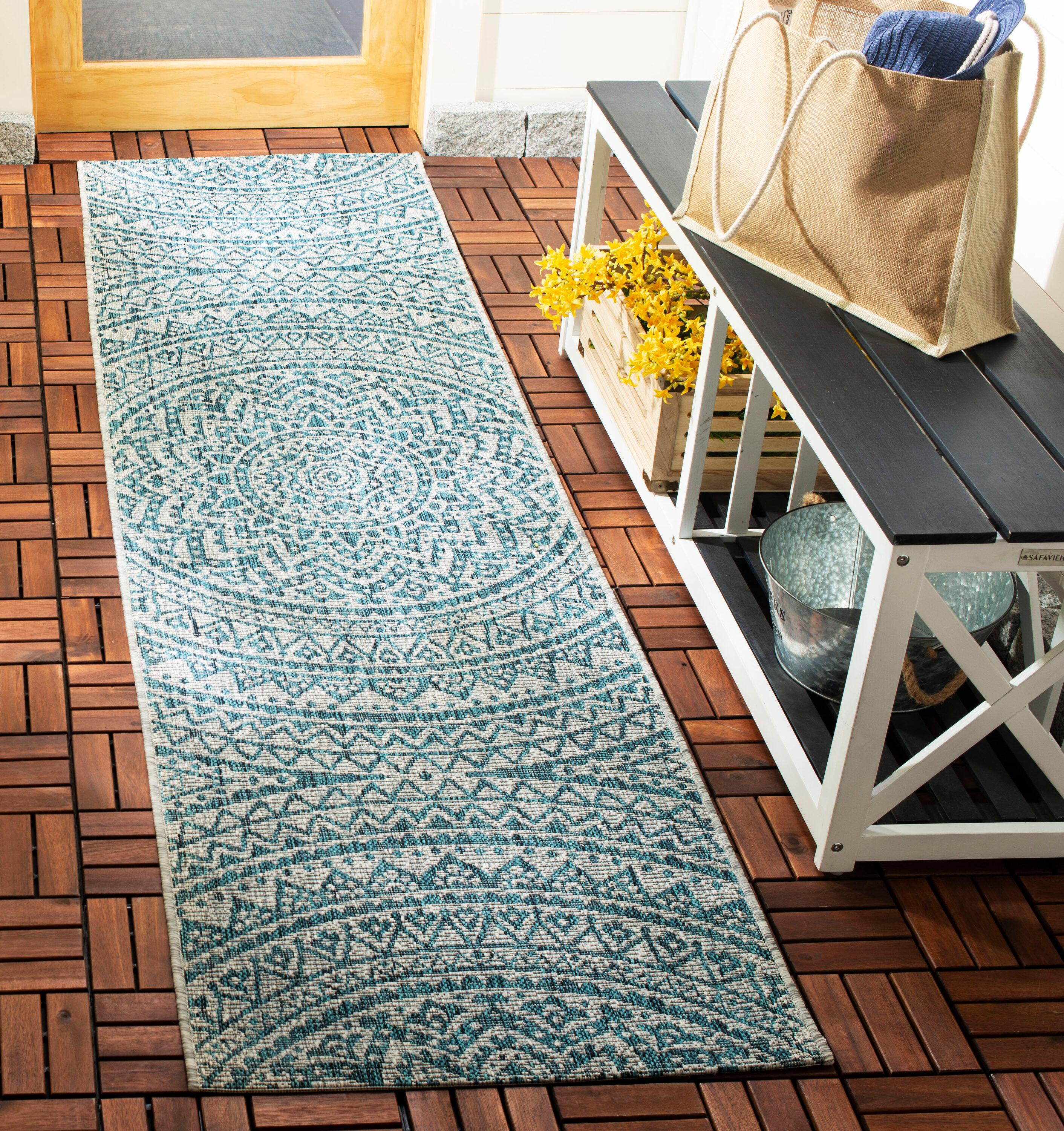 Courtyard CY8734 Power Loomed Indoor and Outdoor Runner Rug - Light Grey/Aqua - 2'3"x8' - Safavieh