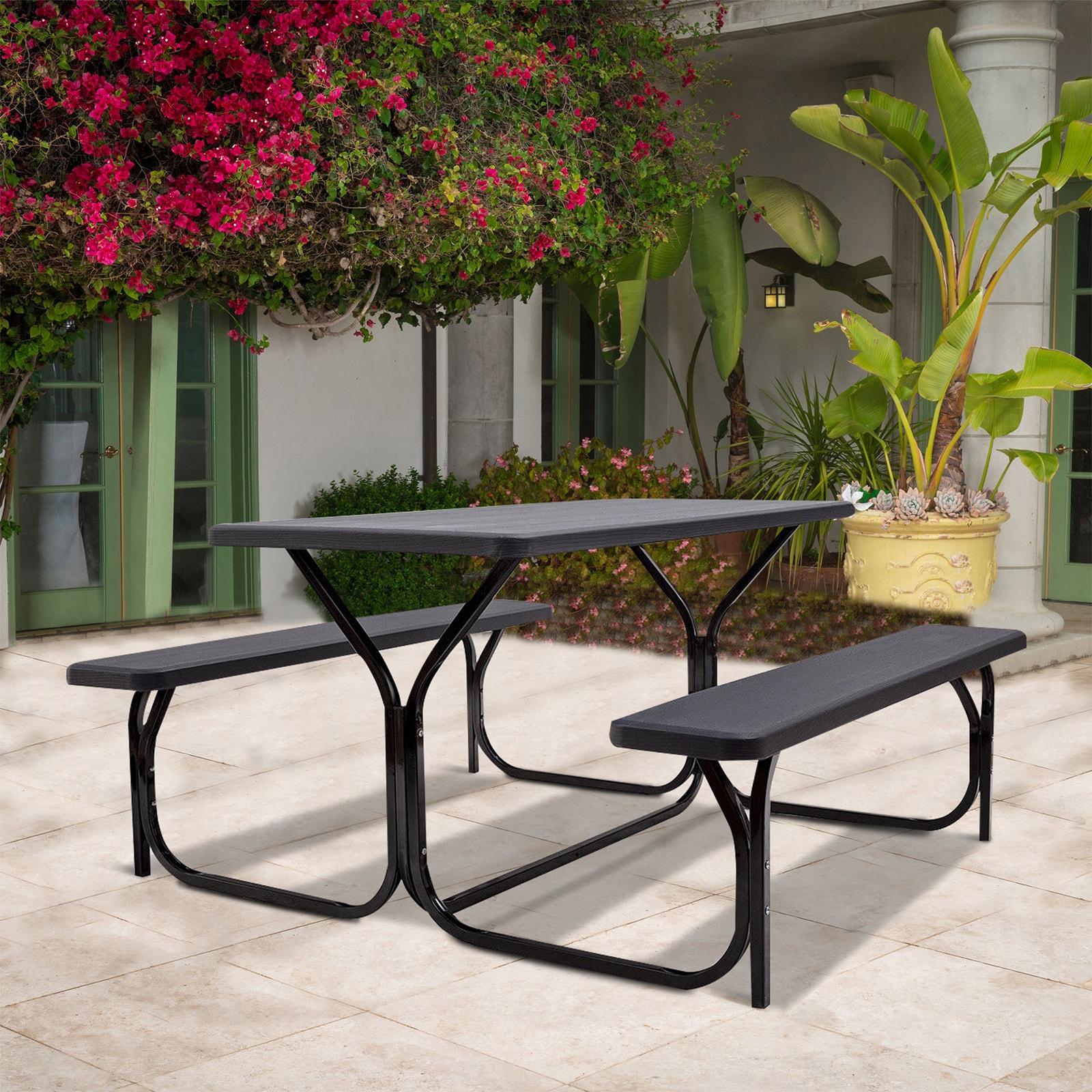 Kepooman Picnic Table, Camping Table, HDPE Outdoor Picnic Table Bench Set with Metal Base-Black