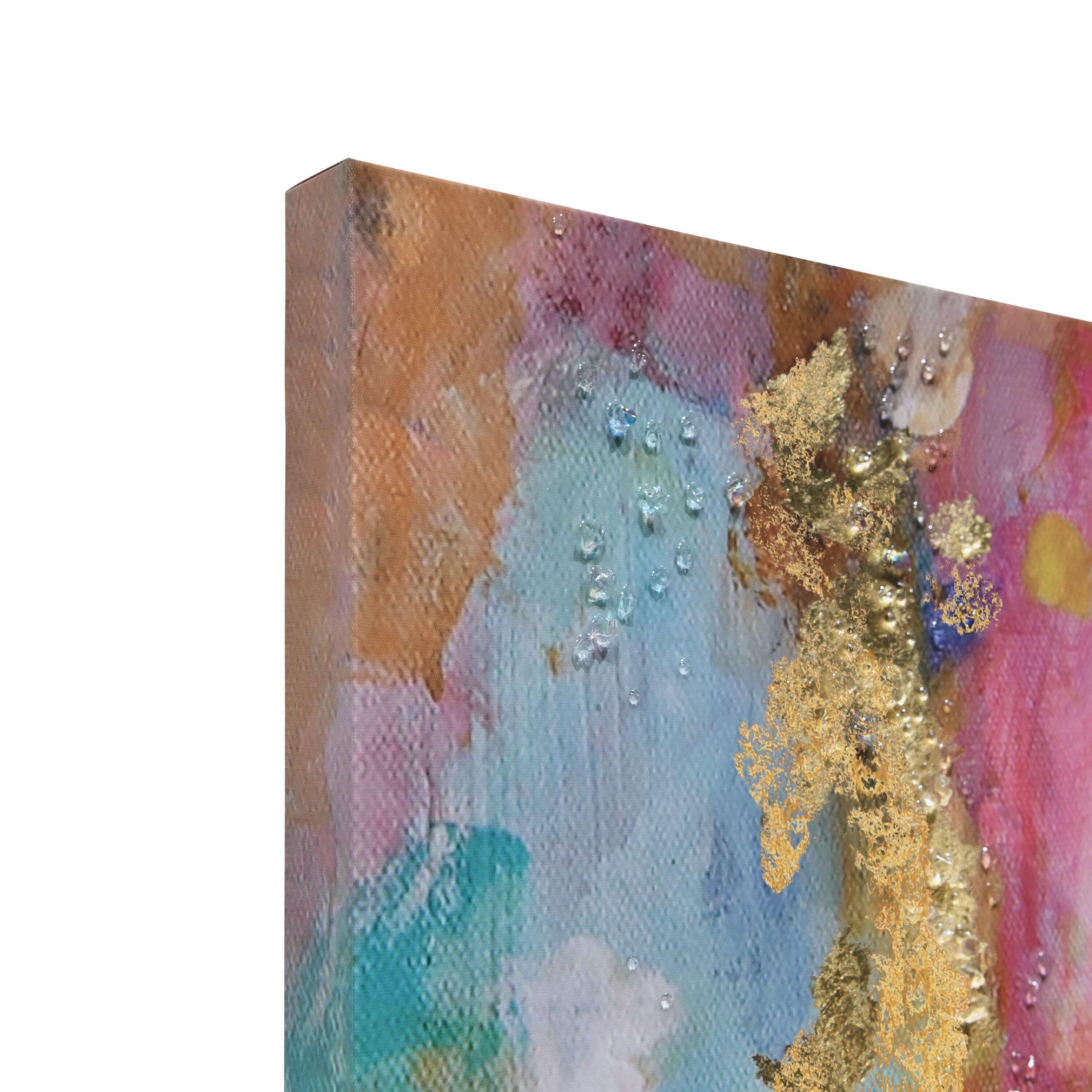 "Colorful Symphony II" Crystallus Epoxy Coated Wrapped Glossy Canvas Wall Art with Heavy Acrylic Crystal Shards Embellishments