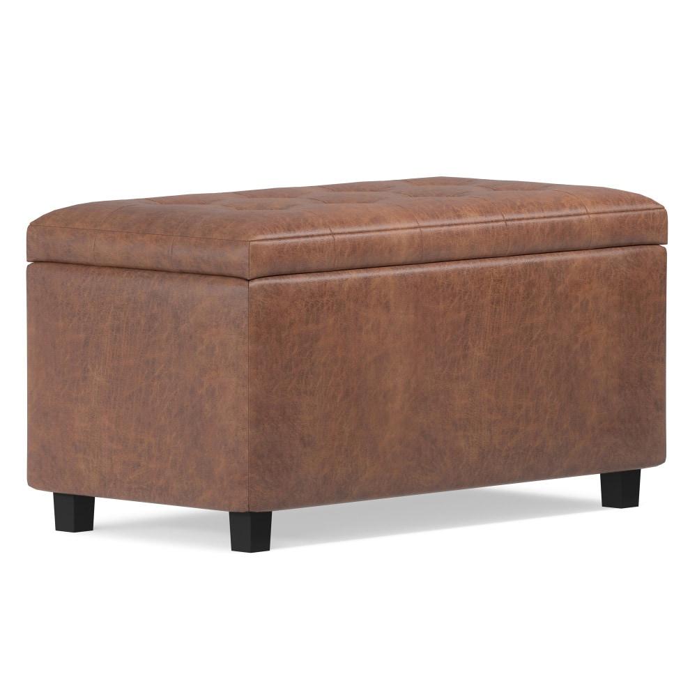 Simpli Home Cosmopolitan 34"W Upholstered Storage Ottoman with Tufted Design and Large Interior Storage