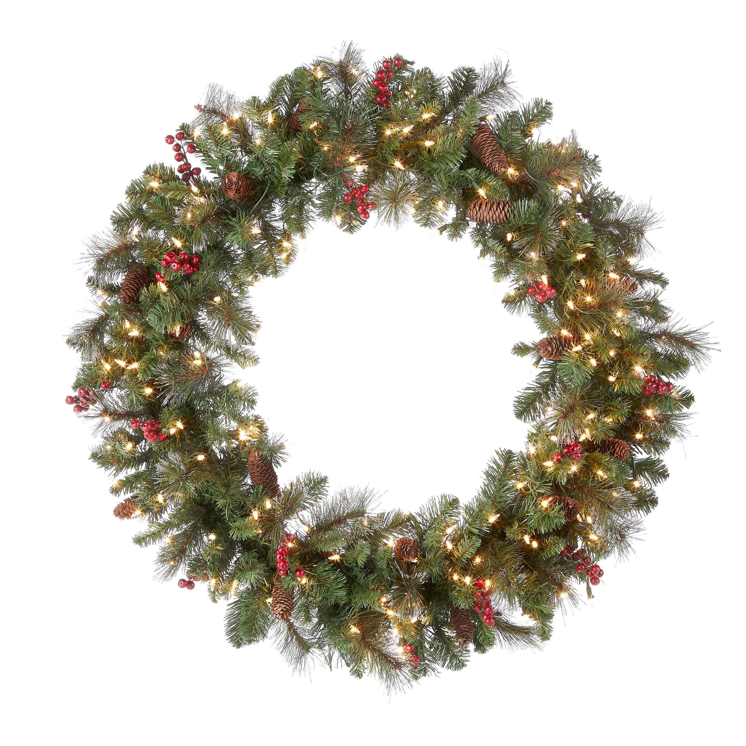 National Tree Company Pre-Lit Artificial Christmas Wreath, Green, Crestwood® Spruce , Clear Lights, Decorated with Pine Cones, Berry Clusters, Frosted Branches,  36 Inches