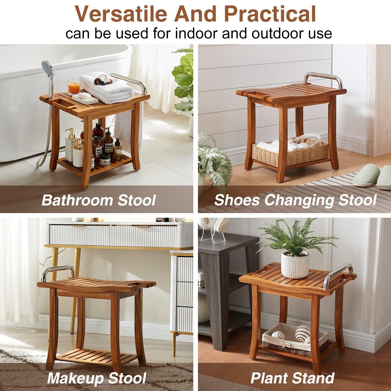 Utopia Alley 20'' Teak Shower Bench with Handle, Large Teak Shower Stool for Bathroom, Waterproof Bathroom Bench - Teak Shower Stool