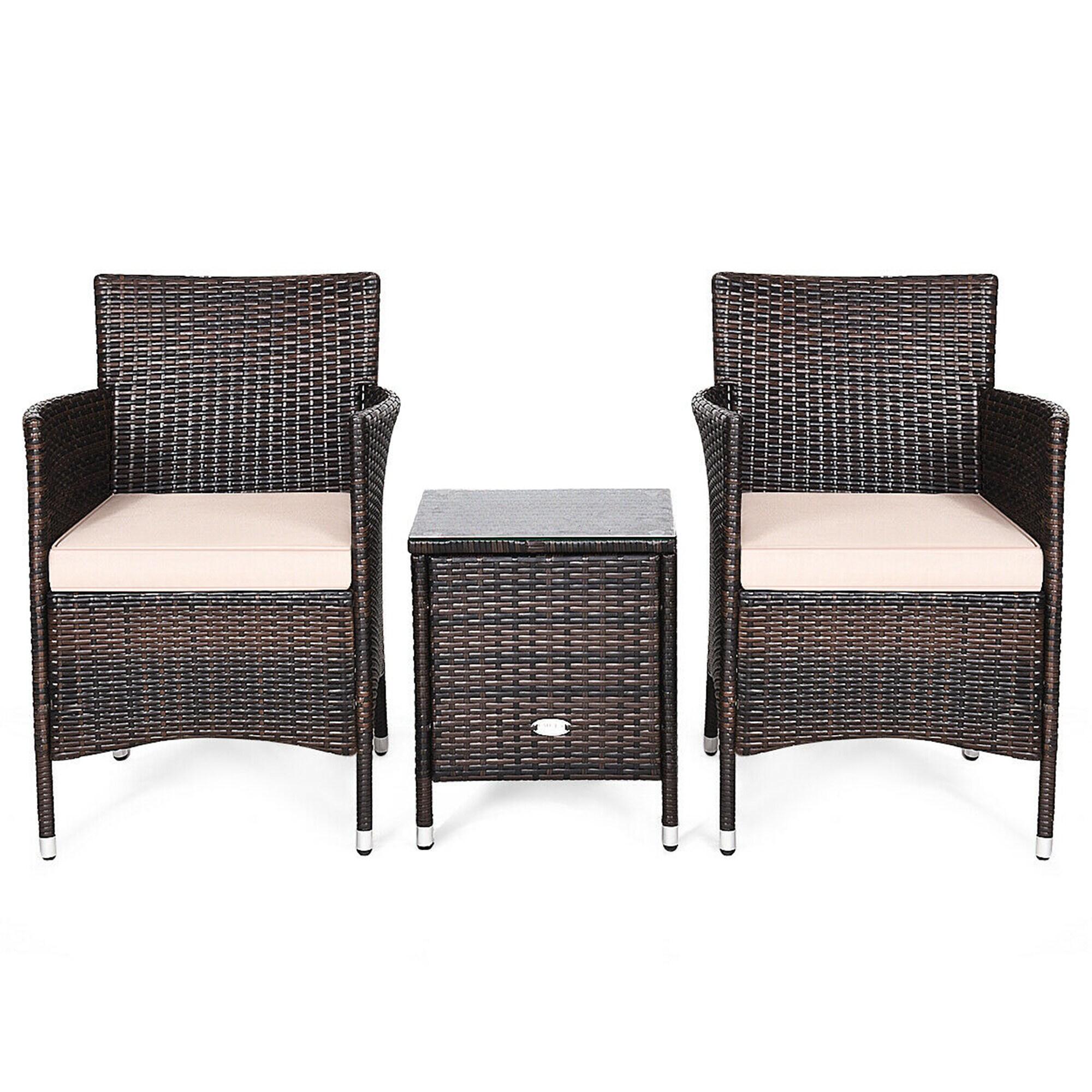 Topcobe 3 Piece Patio Conversation Set Outdoor Rattan Wicker Furniture Set with Coffee Table & Chairs Patio Bistro with Seat Cushions for Garden Balcony Backyard Poolside