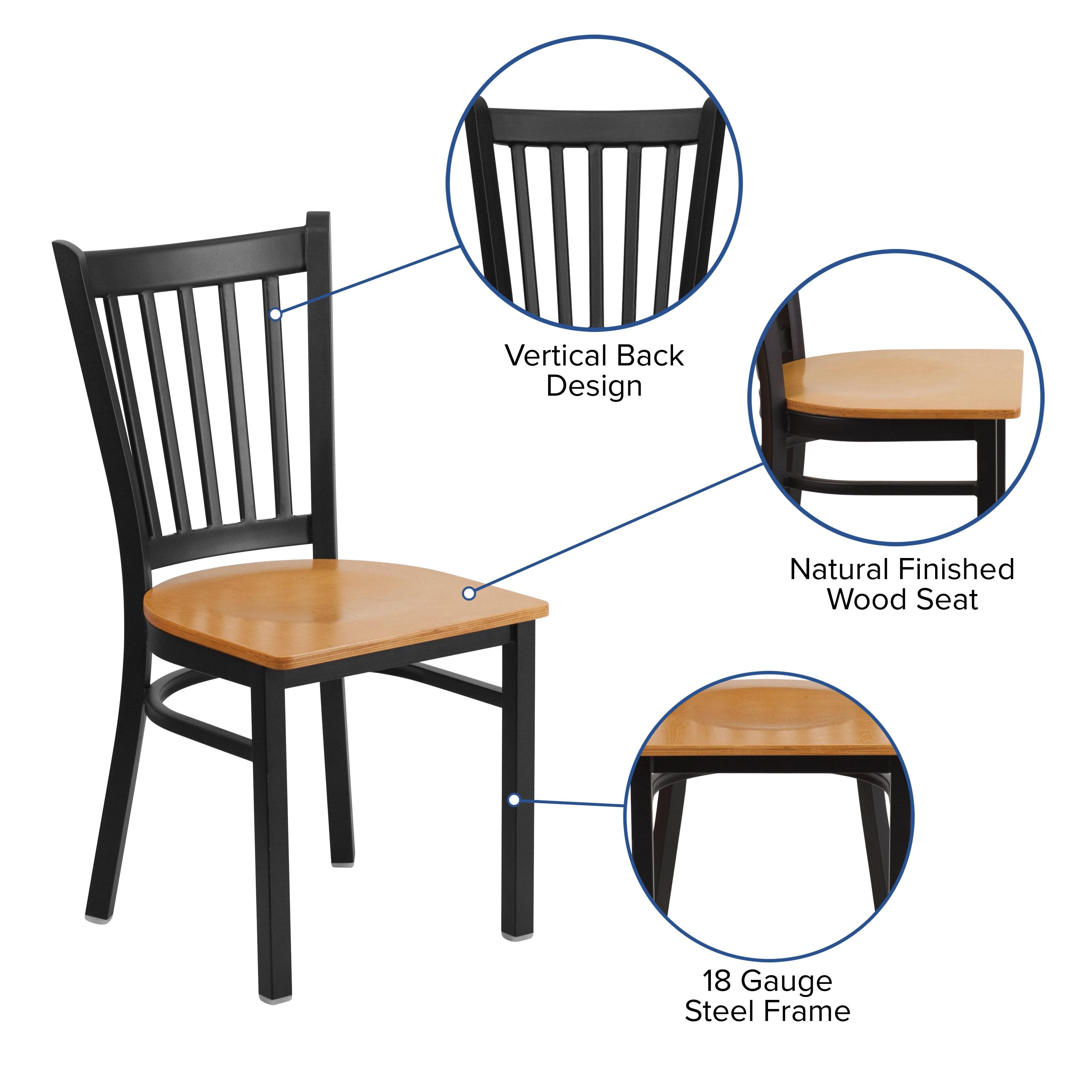 Flash Furniture HERCULES Series Black Vertical Back Metal Restaurant Chair - Natural Wood Seat