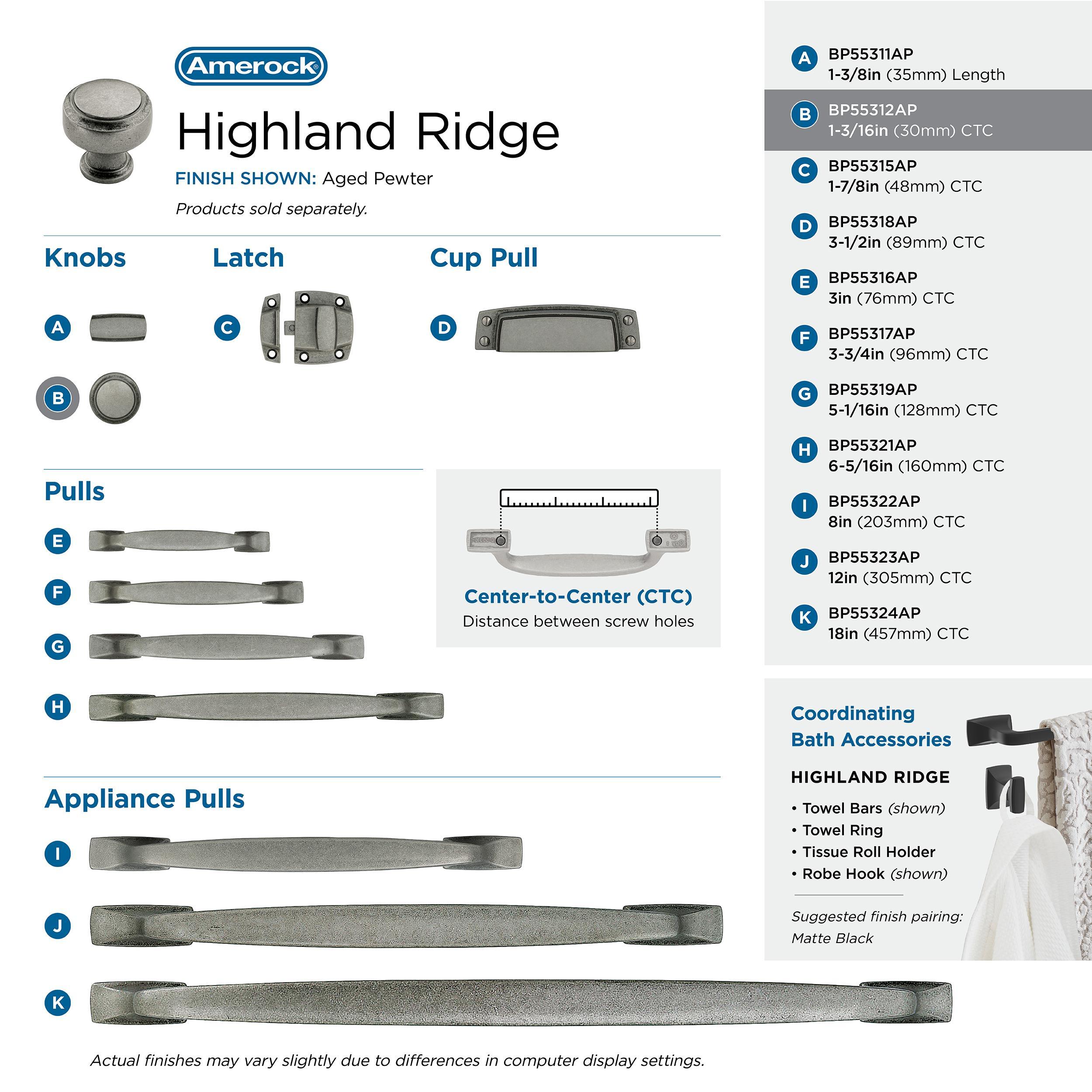 Amerock Highland Ridge 1-3/16 inch (30mm) Diameter Aged Pewter Cabinet Knob