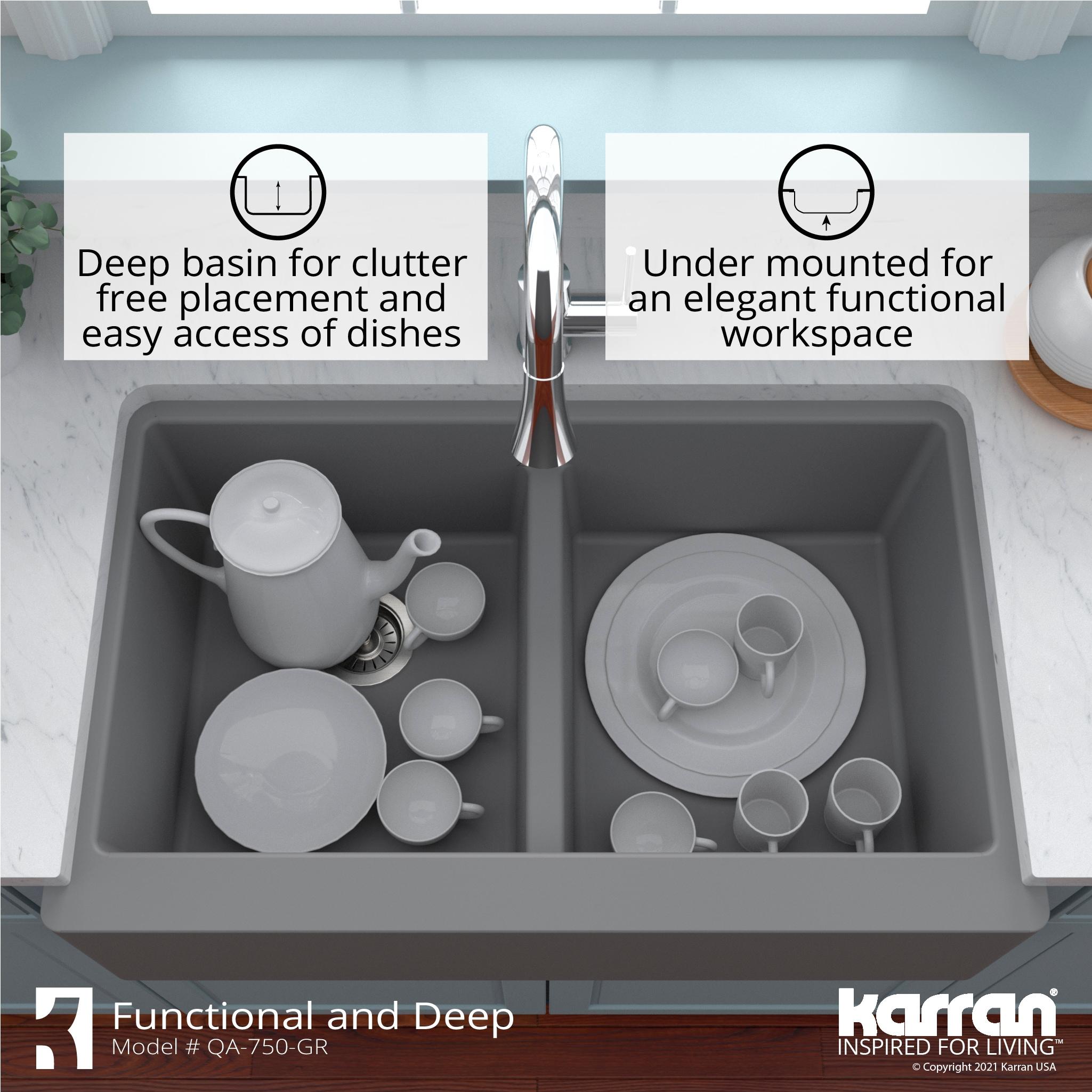 Karran Quartz 34'' X 21-1/4'' 50/50 Double Bowl Farmhouse/Apron Front Kitchen Sink Kit