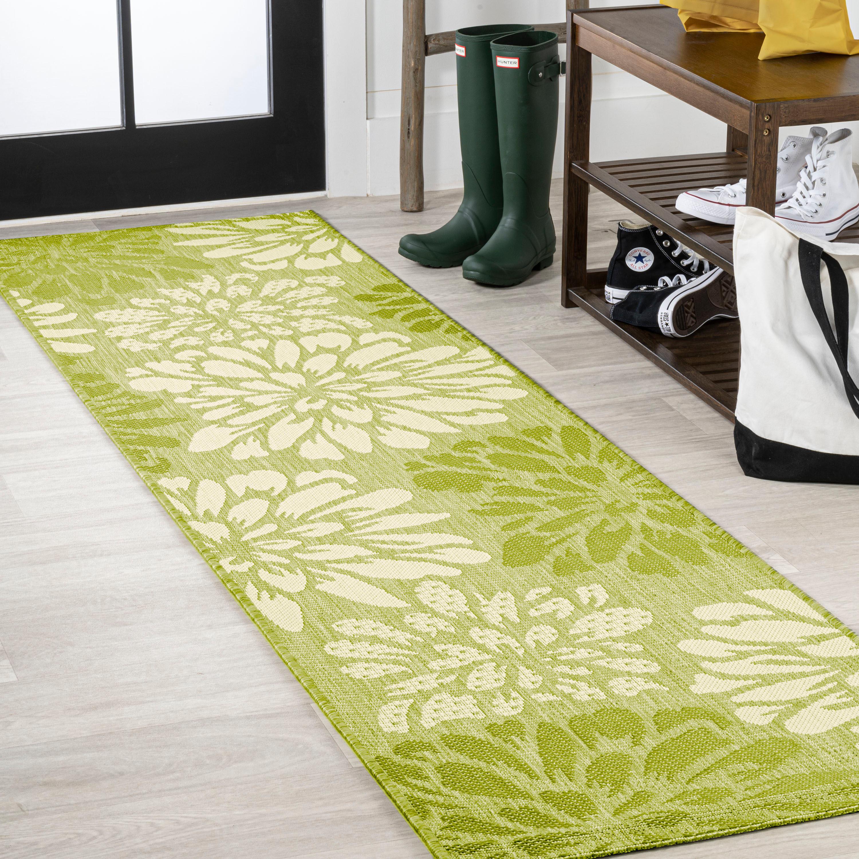 2' x 10' Zinnia Modern Floral Textured Weave Indoor/Outdoor Runner Rug, Green/Cream - JONATHAN Y