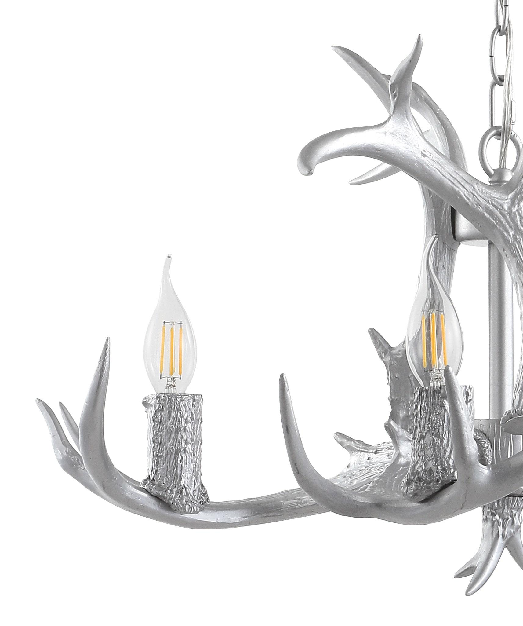 JONATHAN Y JYL6301C Eldora 26" Adjustable Resin Antler 4-Light LED Chandelier, Farmhouse, Glam, Transitional, Rustic, Cottage for living room, dinning room, bedroom, office Bulb Included, Silver