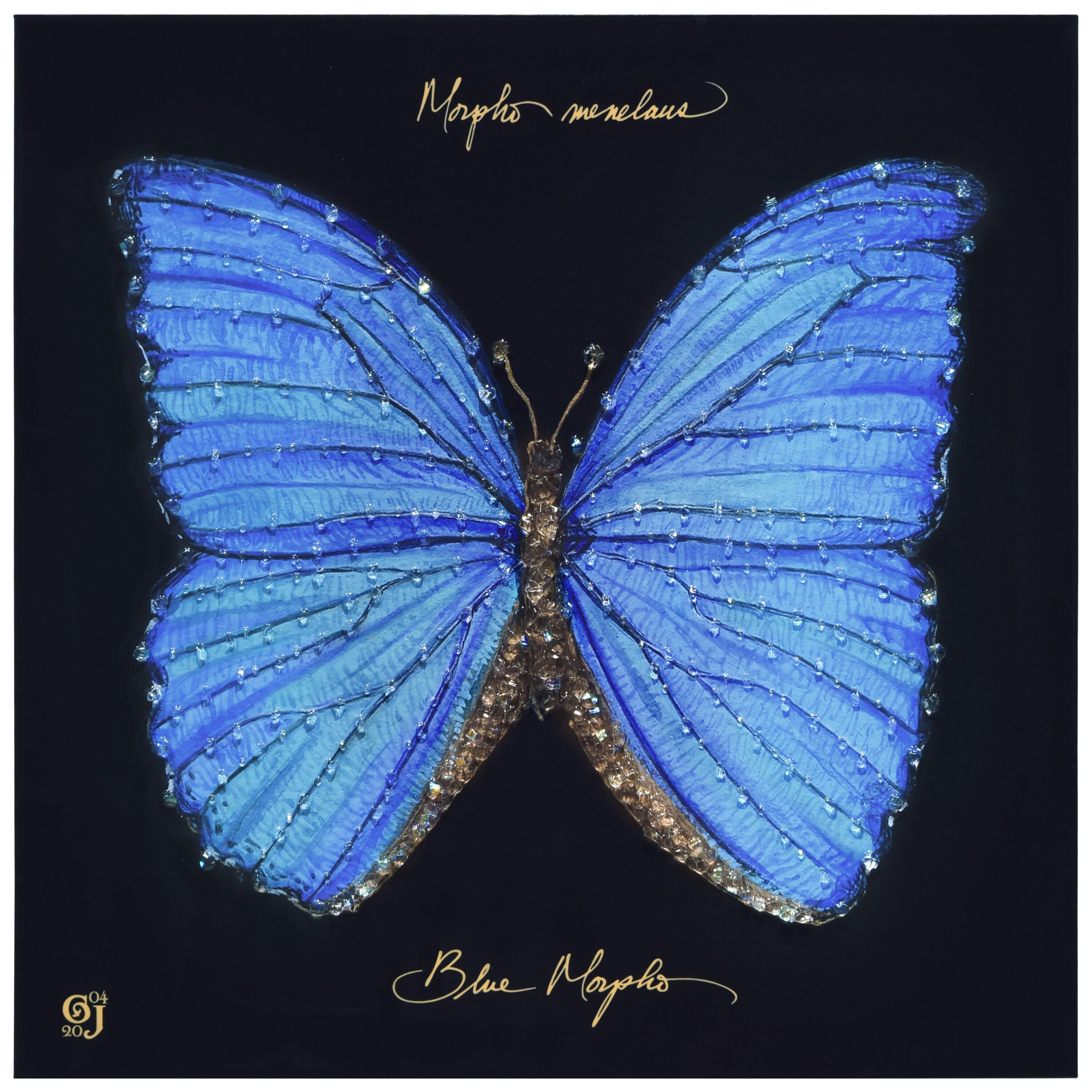 "Blue Monarch Elegance" Crystallus Epoxy Coated Wrapped Glossy Butterfly Canvas Wall Art with Heavy Acrylic Crystal Shards Embellishments