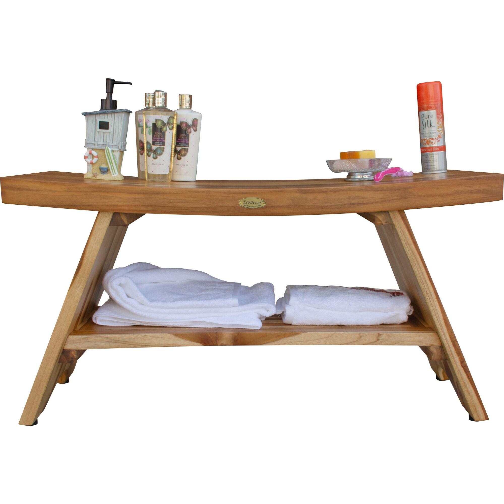 35" Serenity ED968 Wide Teak Shower Bench with Shelf - EcoDecors