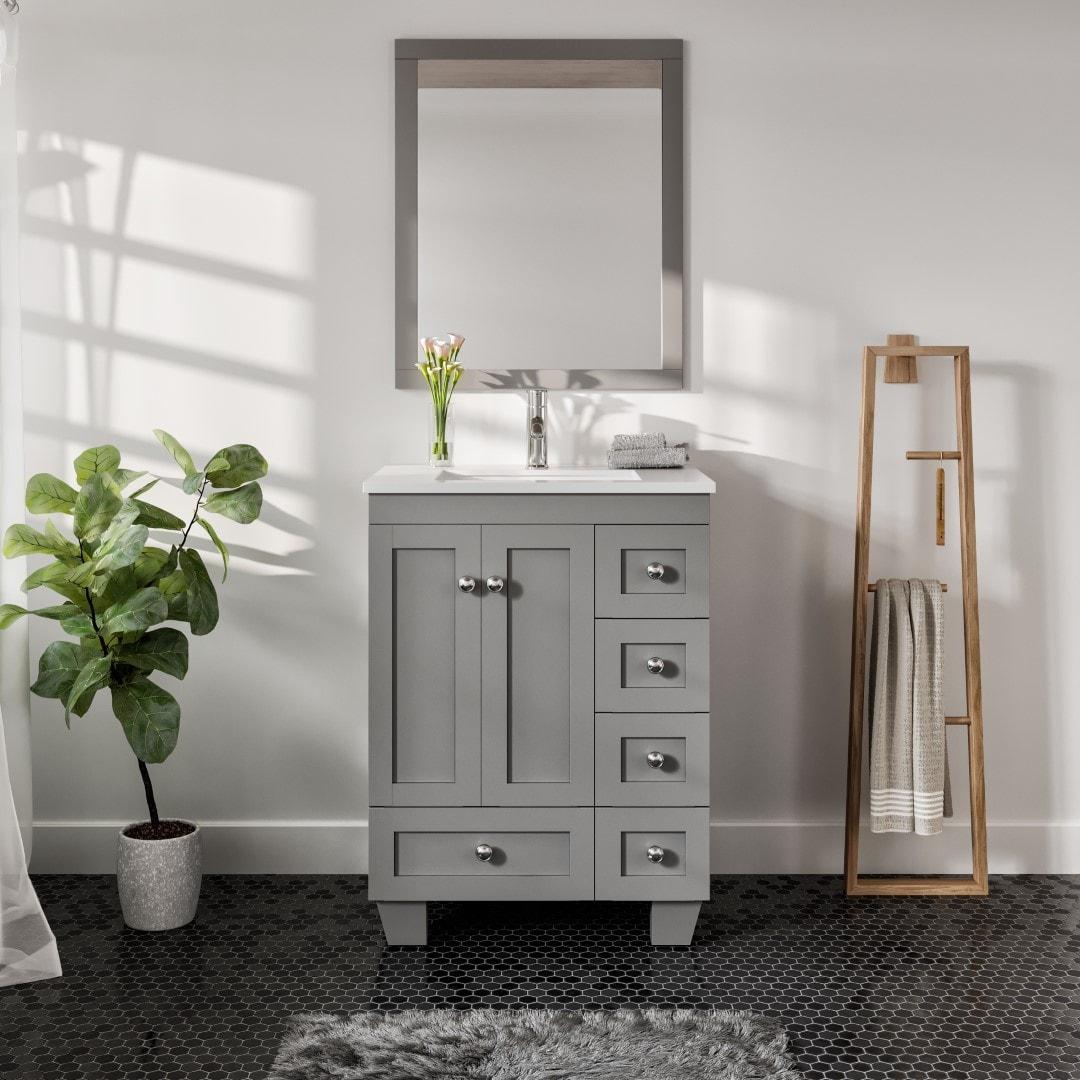 Gray Solid Wood Bathroom Vanity with White Quartz Top, 24-inch