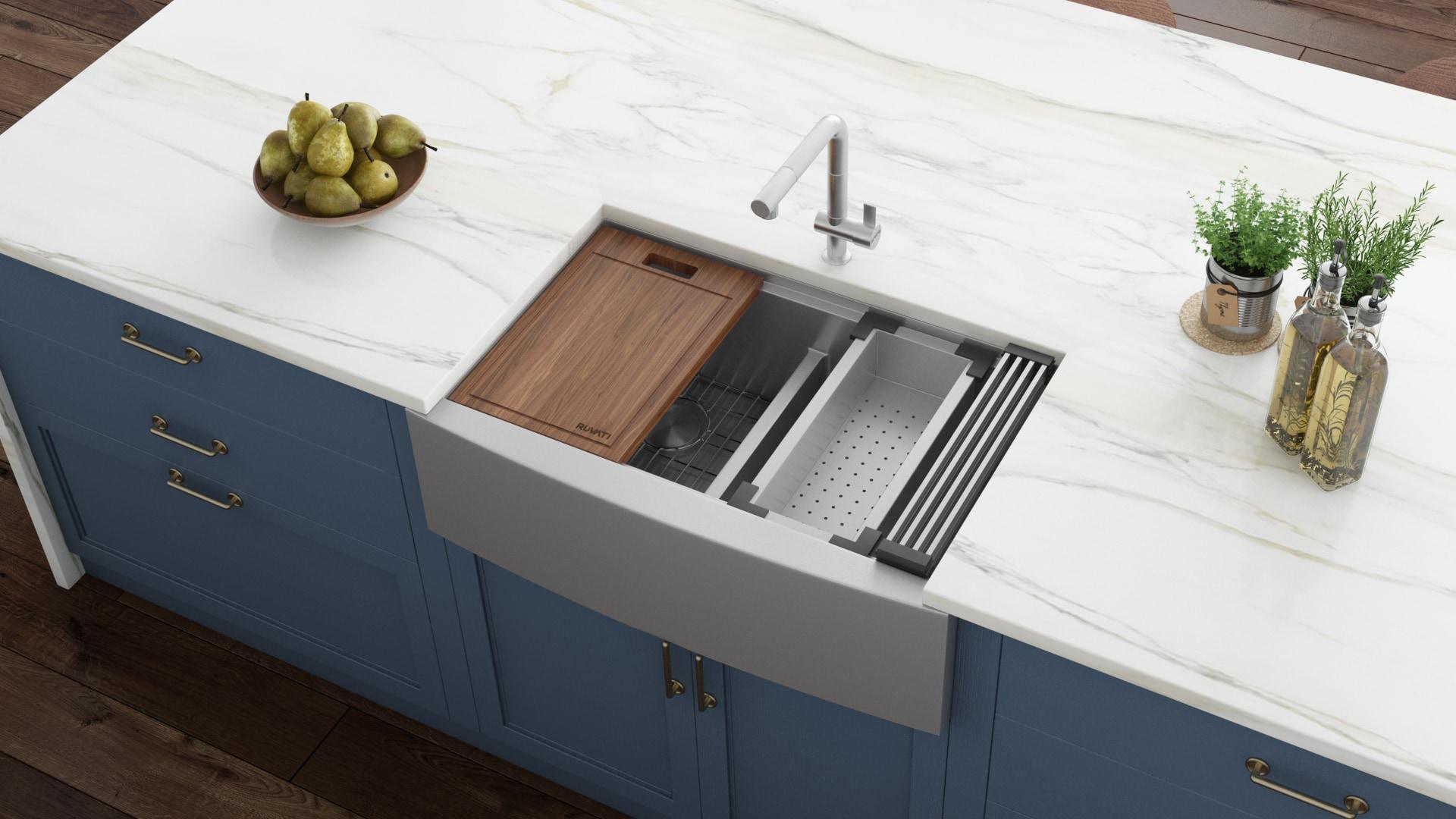 Ruvati RVH9301 Ruvati 36" Apron-front Workstation Low-Divide 50/50 Farmhouse Kitchen Sink Stainless Steel