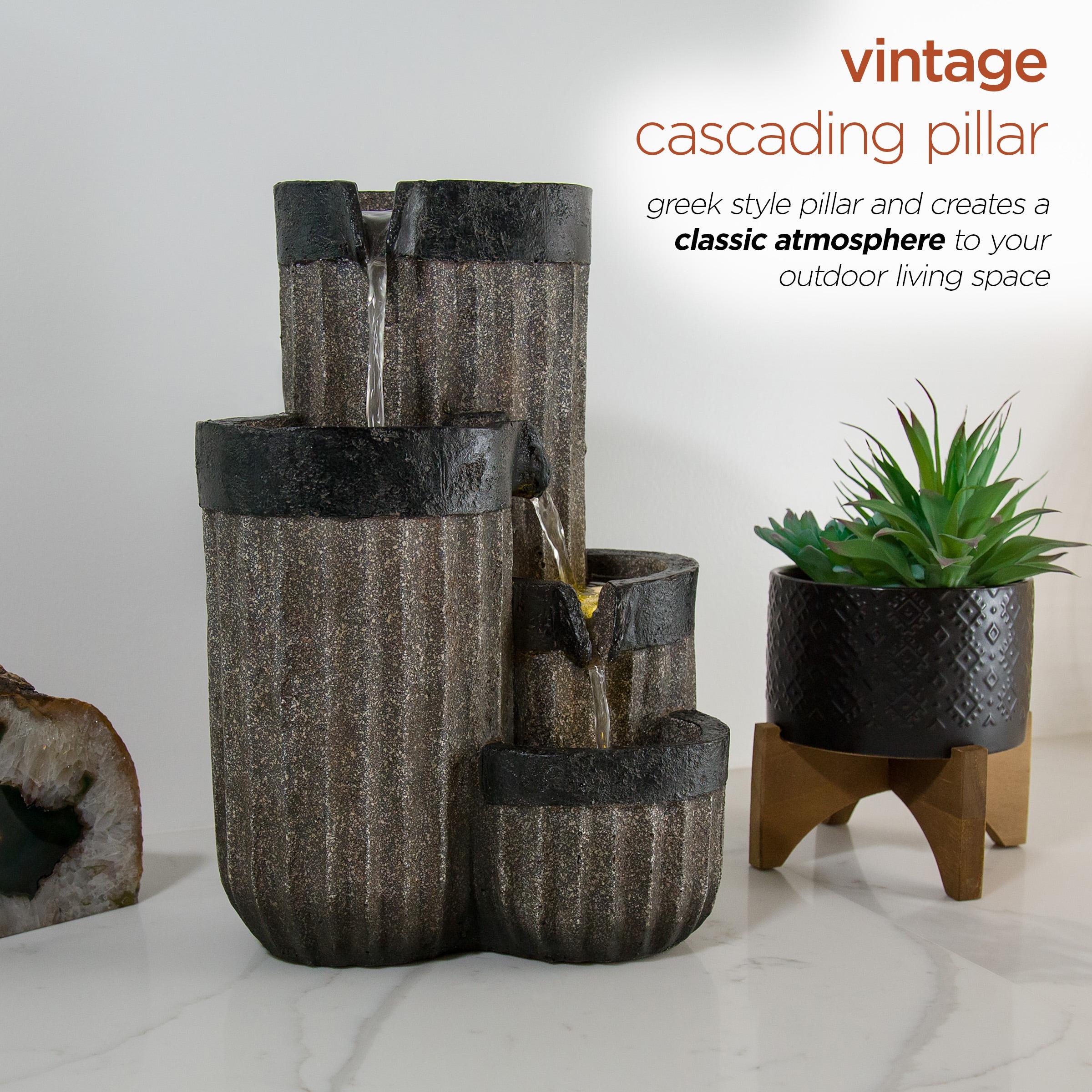 14" Resin Cascading Pillar Tabletop Fountain with LED Lights Gray - Alpine Corporation: Durable, Weatherproof Design, No Assembly Required