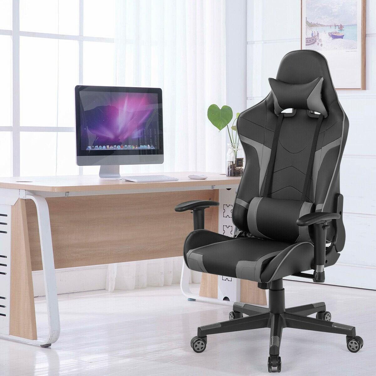 Costway Massage Gaming Chair Reclining Swivel Racing Office Chair w/Lumbar Support Grey