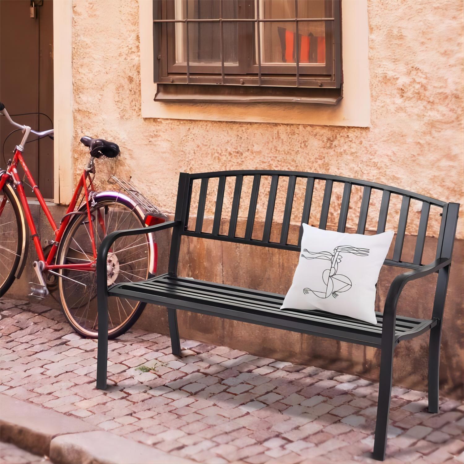 Steel Garden Park Bench Cast Iron Frame Patio Lawn Yard Decor, Black Seating Bench for Yard, Patio, Garden, Balcony, and Deck