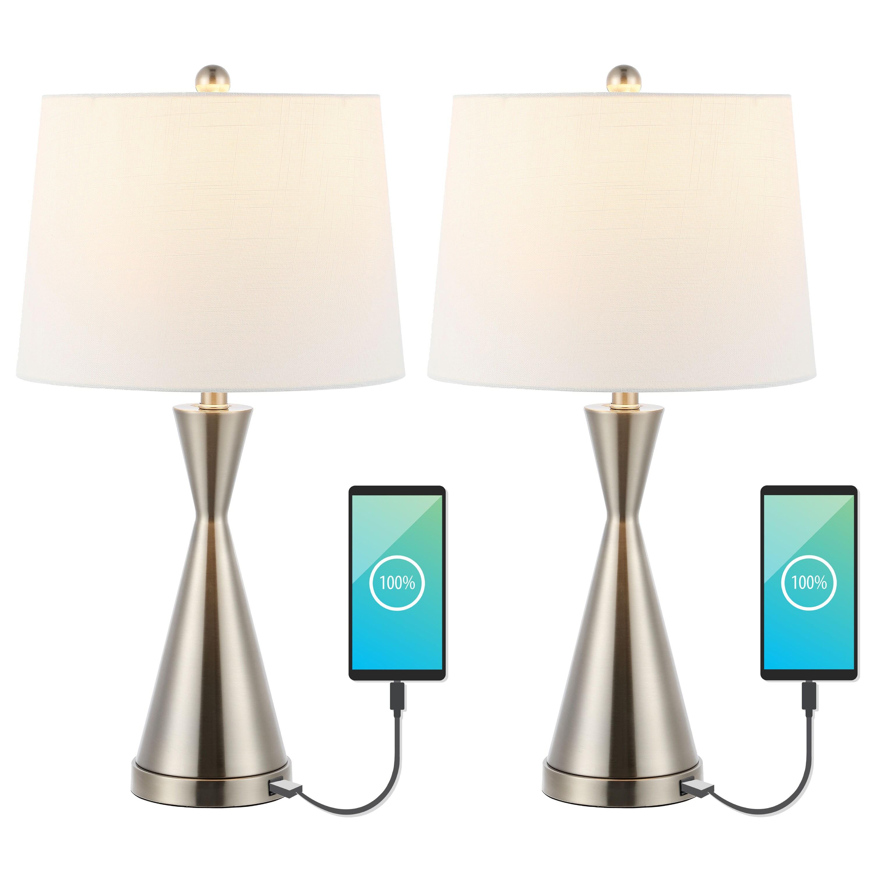 JONATHAN Y JYL4046A-SET2 Colton 26" Classic French Country Iron LED Table Lamp with USB Charging Port, for living room, dinning room, bedroom, office Bulb Included, Nickel (Set of 2)
