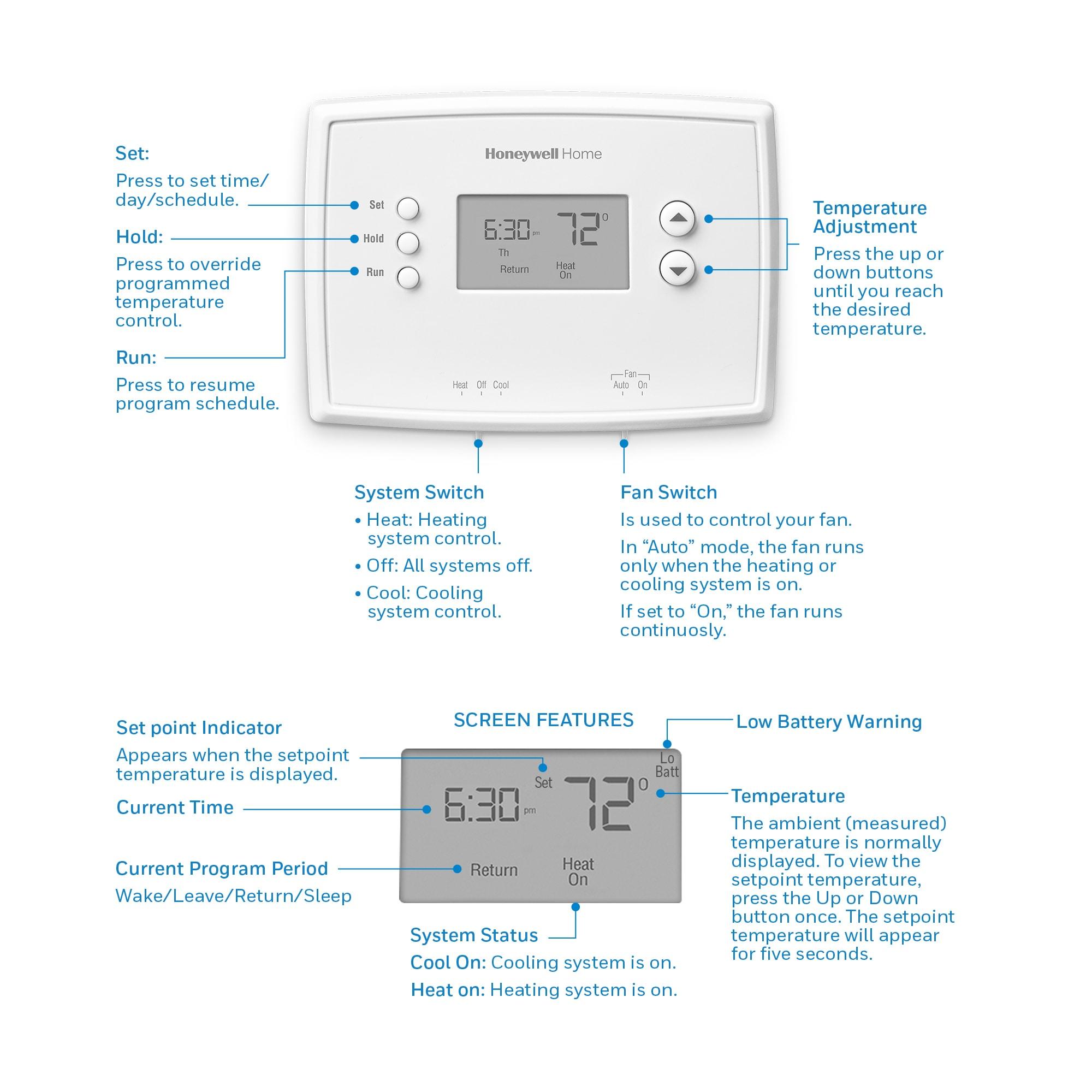 Honeywell Home 1-Week Programmable Thermostat: Digital, Audible Alert, White, Battery Operated