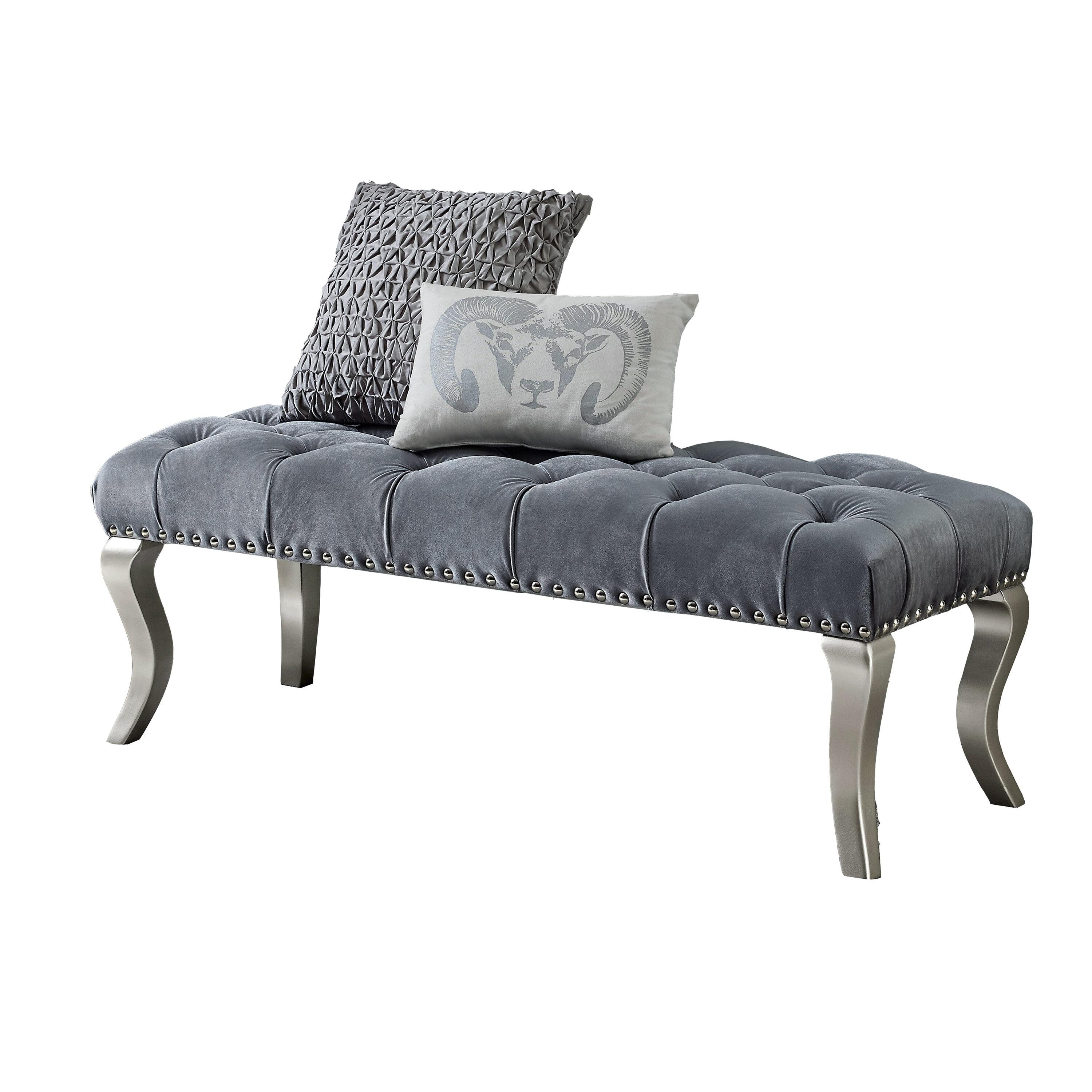 Roundhill Furniture Decor Maxem Tufted Fabric Upholstered Seat with Nailhead Trim Bench, Gray