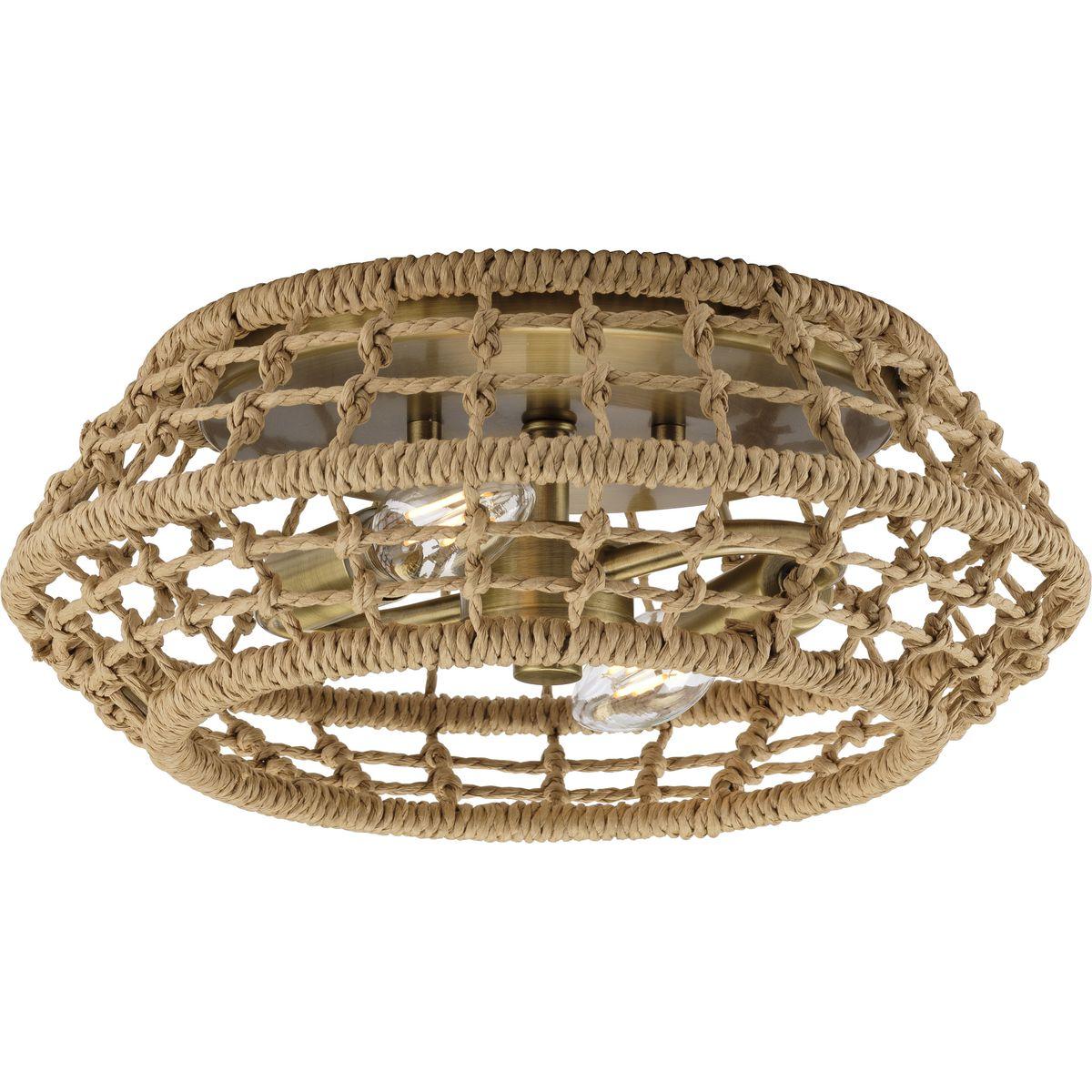 Progress Lighting Laila 2-Light Flush Mount Vintage Brass Steel Fixture: Coastal-inspired, hand-knotted jute design for ambient light in bedrooms and