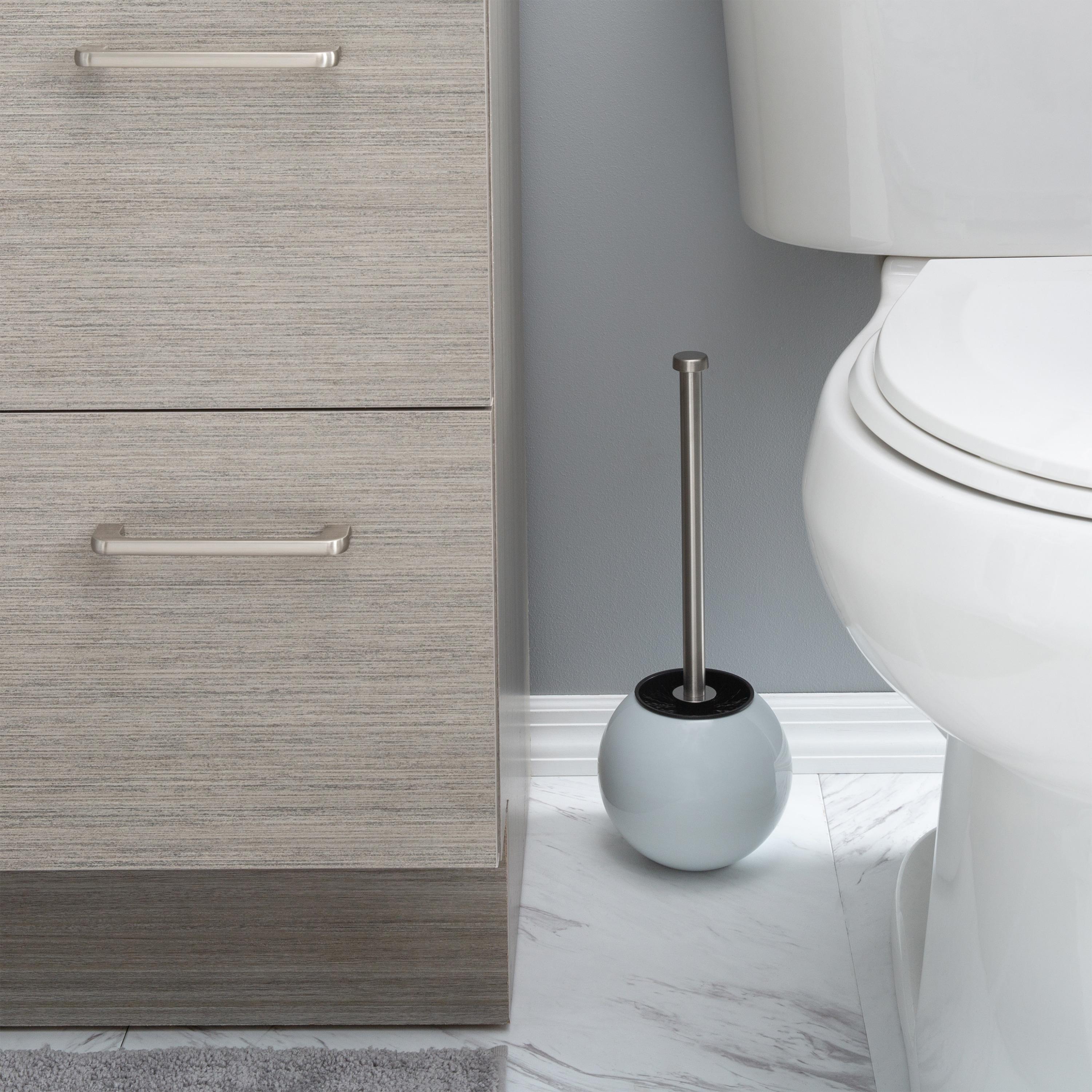 Bath Bliss Globe Design Toilet Brush and Holder White: Stainless Steel, Bathroom Cleaning Accessory, Plunger-Compatible