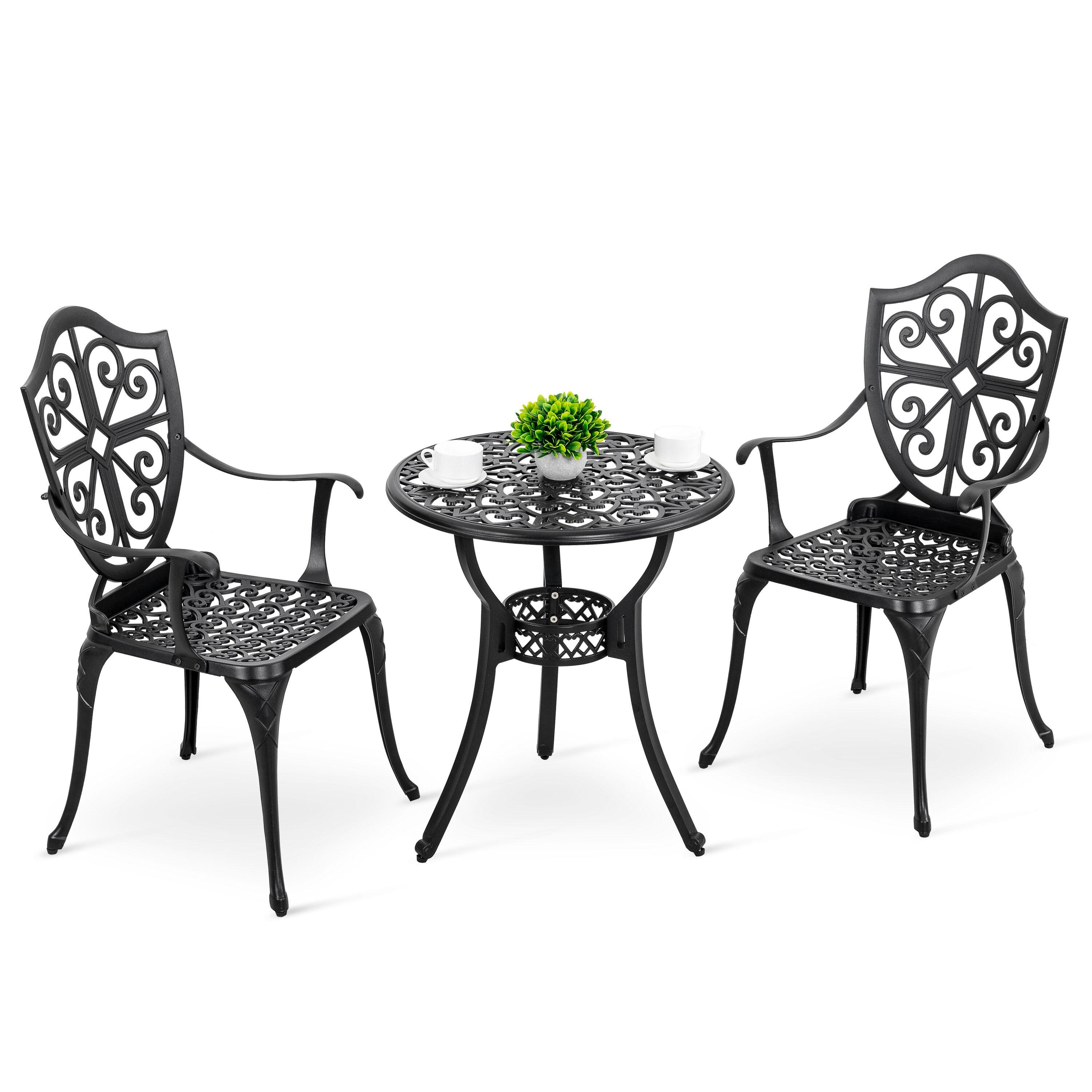 Black Cast Aluminum 3-Piece Outdoor Bistro Set with Floral Design