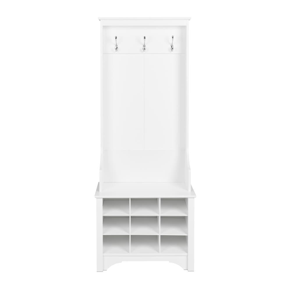 27" Narrow Hall Tree with 9 Shoe Cubbies White - Prepac: Modern Entryway Organizer, Mudroom Storage, Metal Hooks